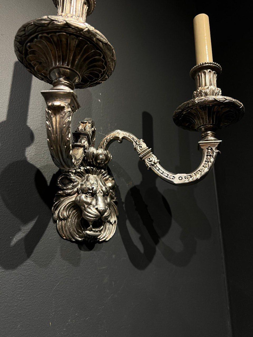 1900's Caldwell Silver Plated Lion's Head Sconces  For Sale 2