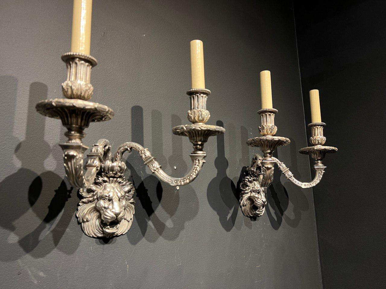 1900's Caldwell Silver Plated Lion's Head Sconces  For Sale 4