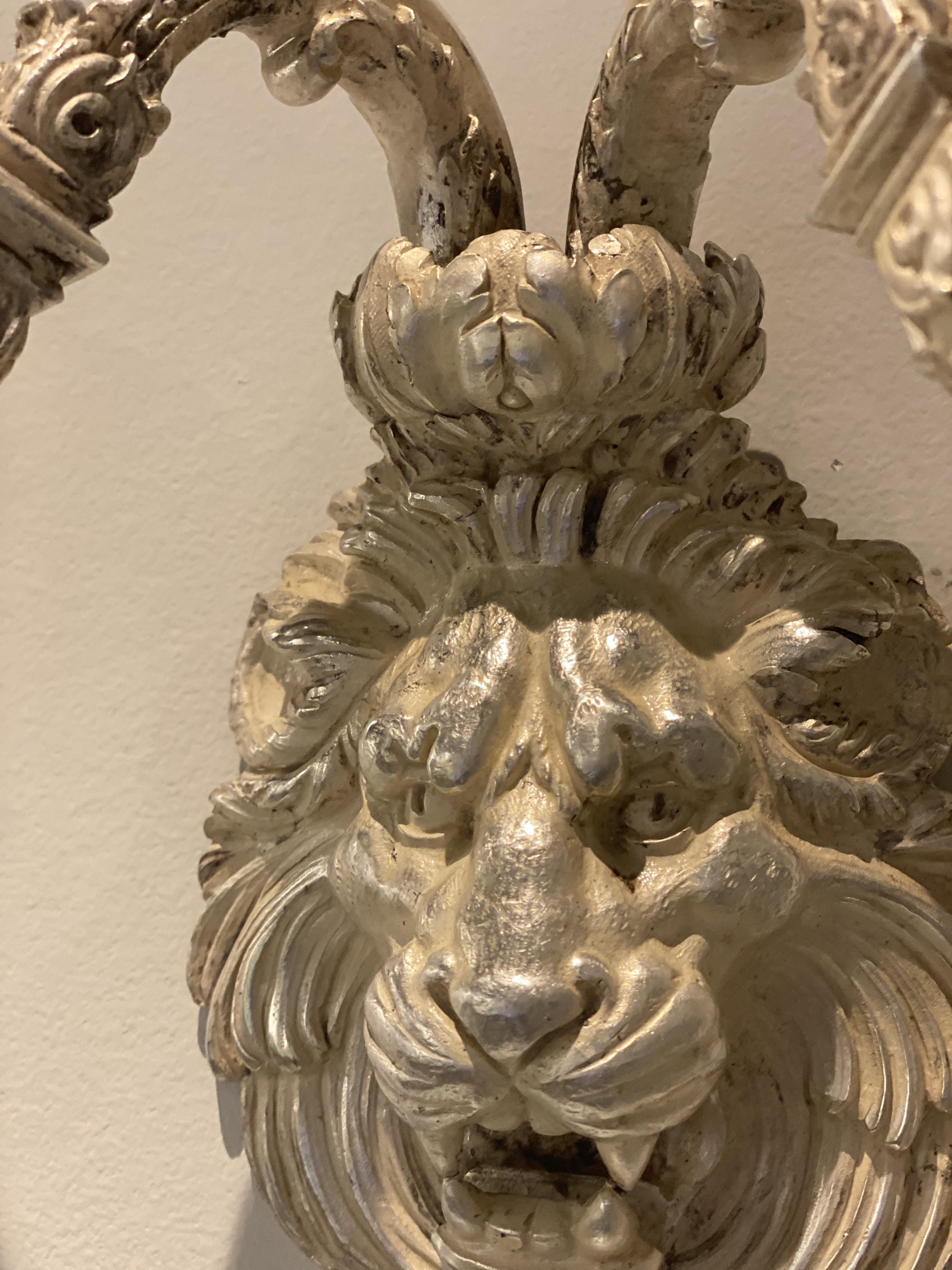 Adam Style 1900's Caldwell Silver Plated Lion's Head Sconces  For Sale