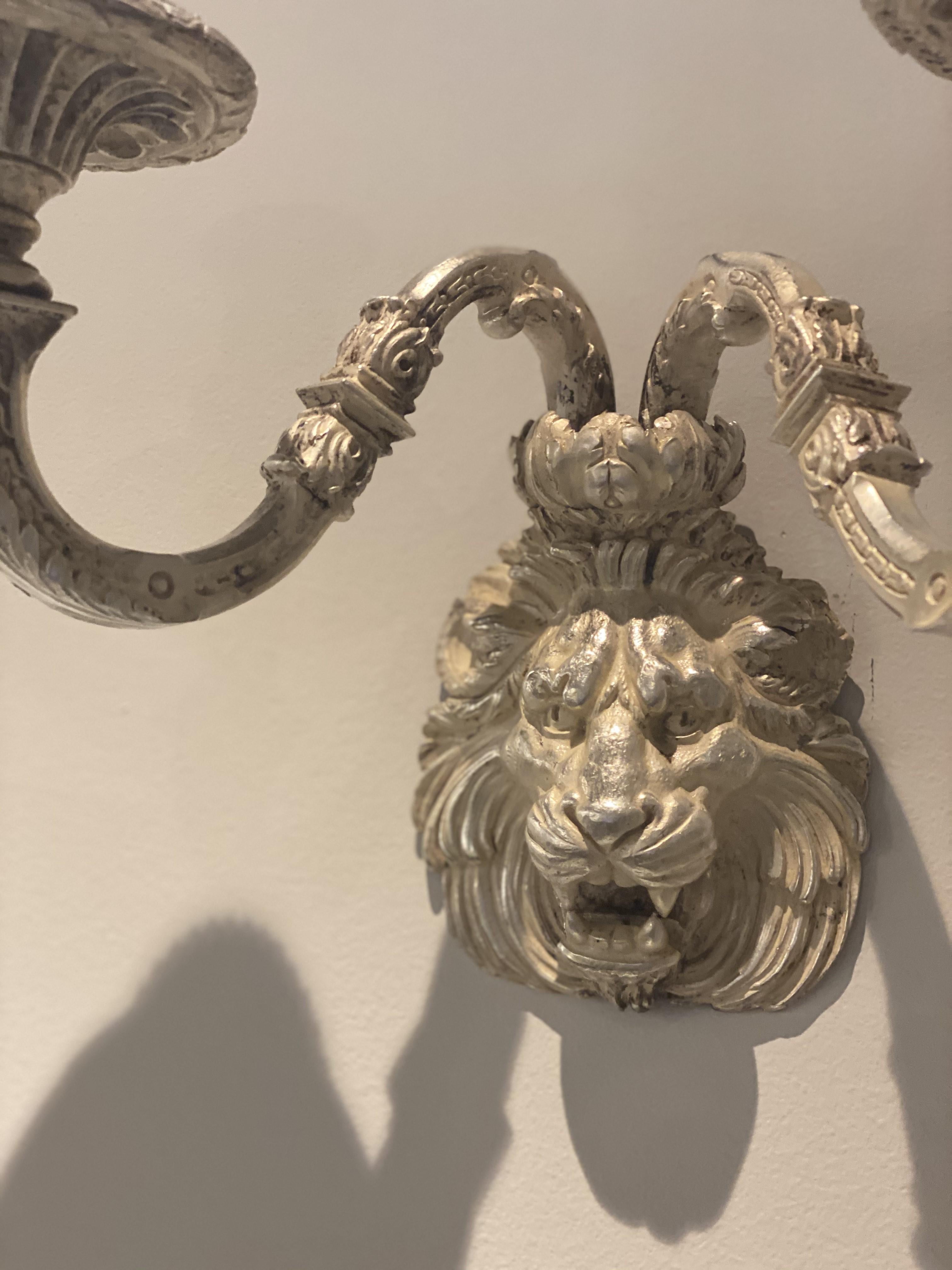 American 1900's Caldwell Silver Plated Lion's Head Sconces  For Sale