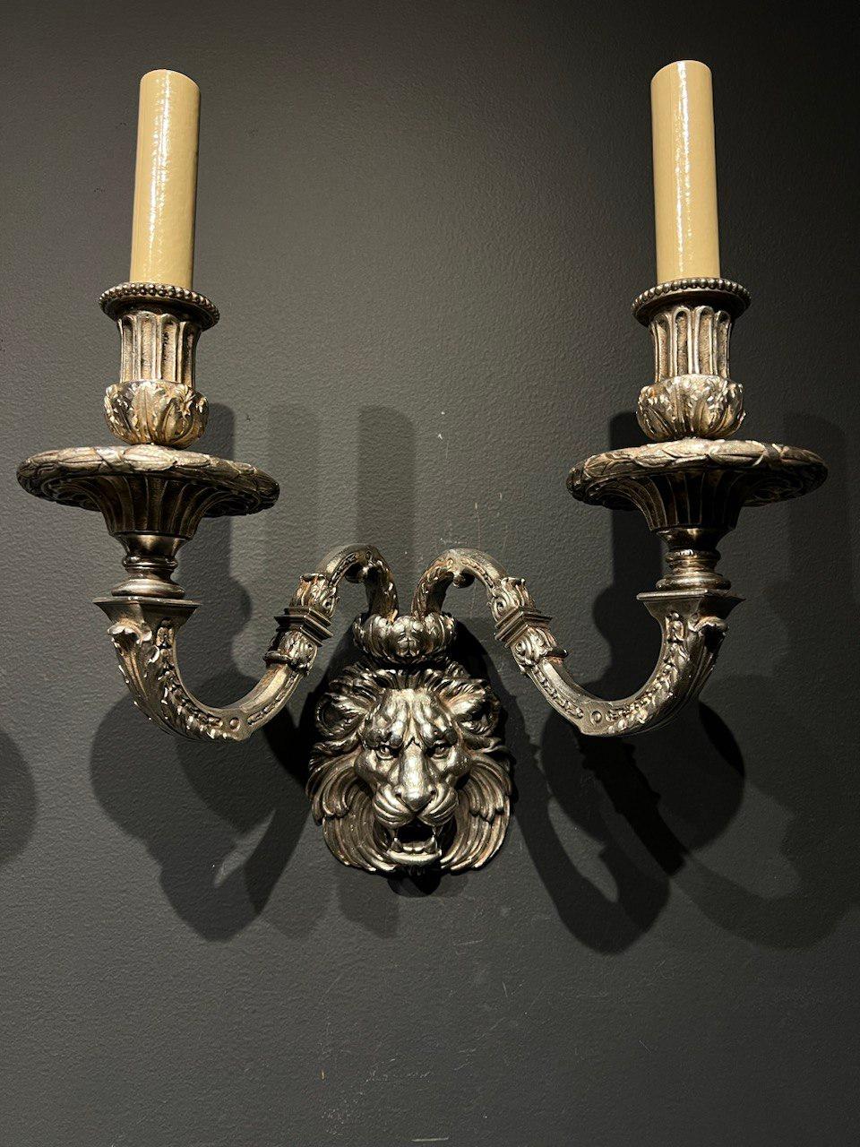 Early 20th Century 1900's Caldwell Silver Plated Lion's Head Sconces  For Sale