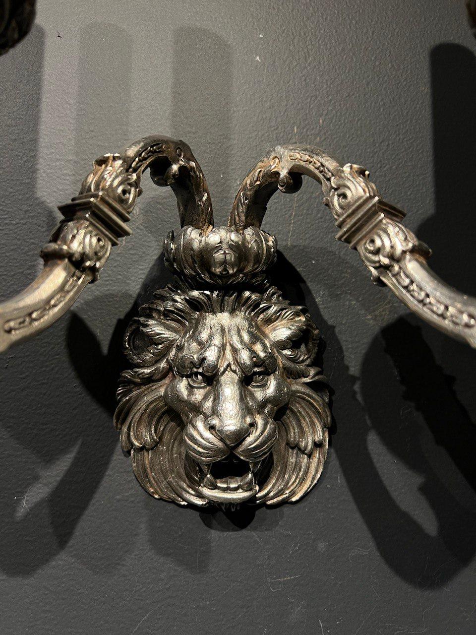 Bronze 1900's Caldwell Silver Plated Lion's Head Sconces  For Sale