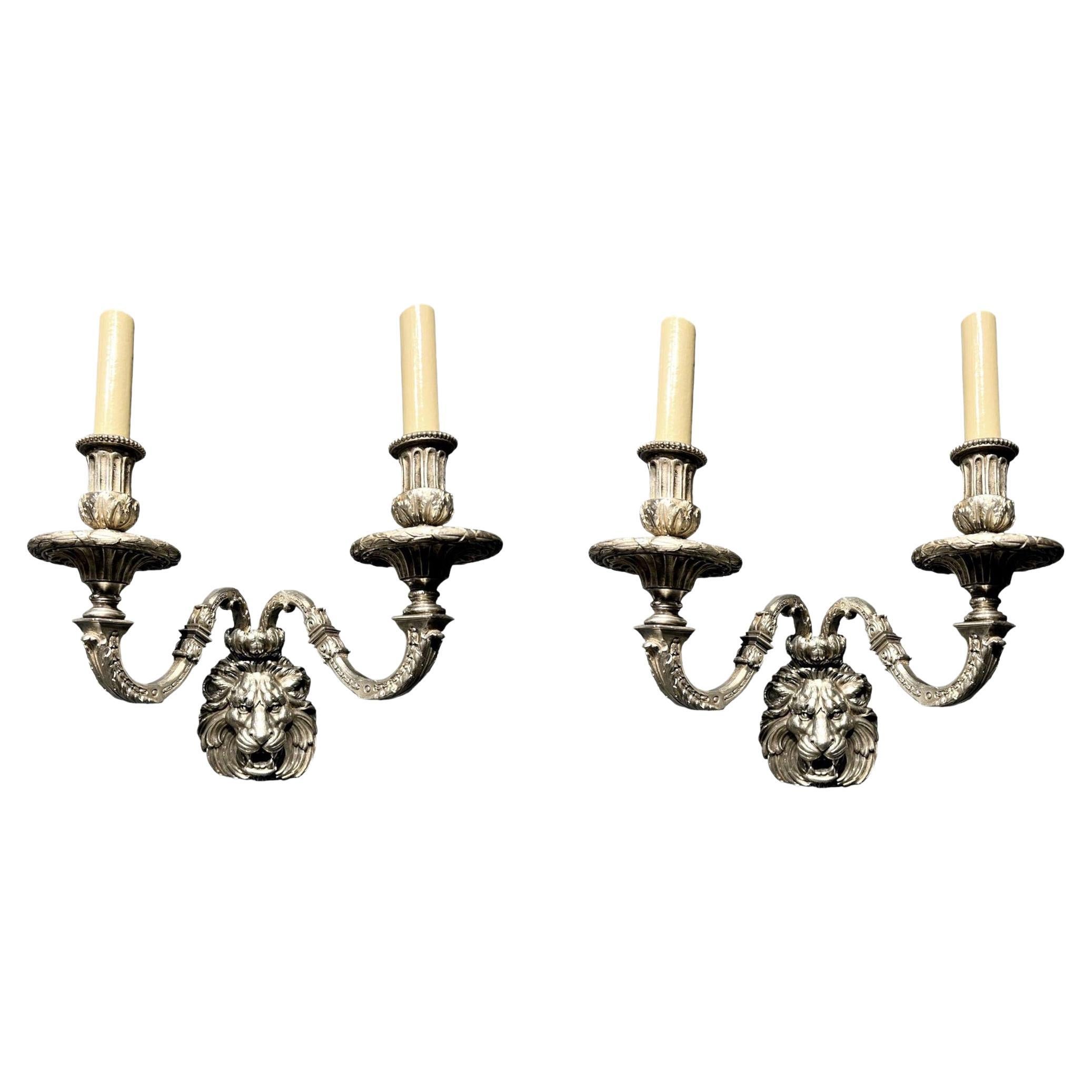 1900's Caldwell Silver Plated Lion's Head Sconces  For Sale