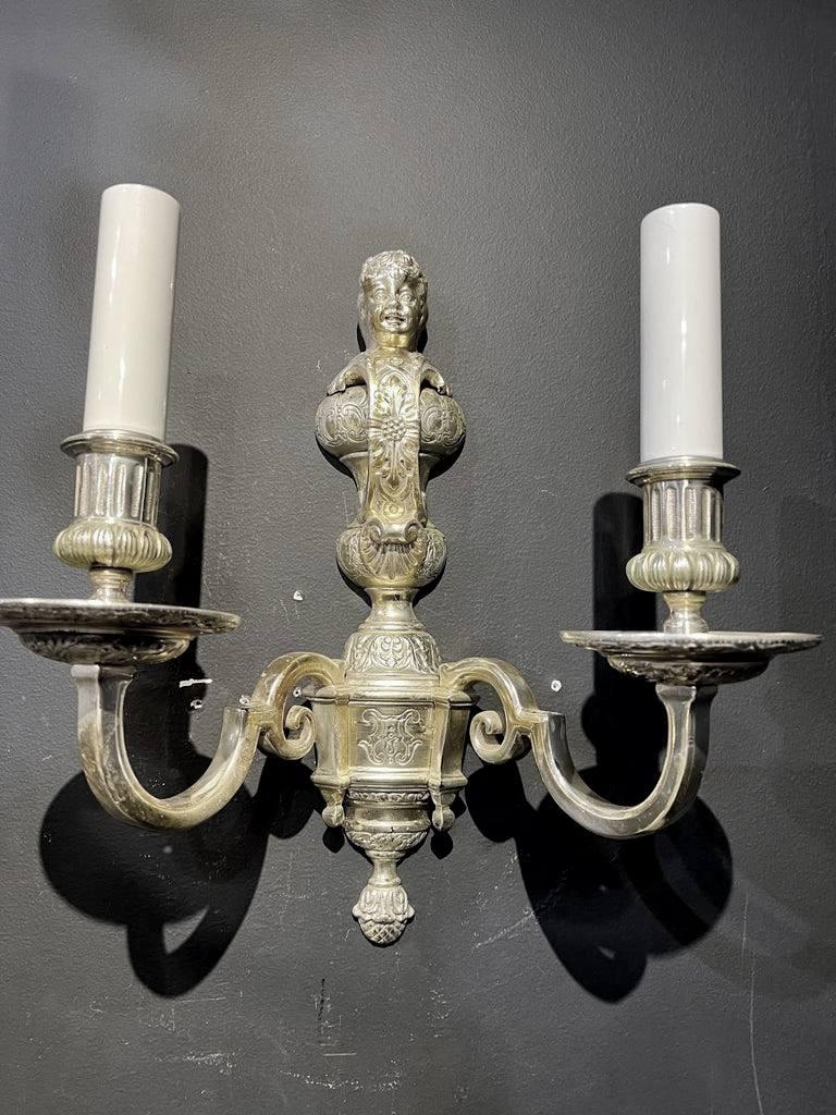 American 1900's Caldwell Silver Plated Cherub Sconces For Sale