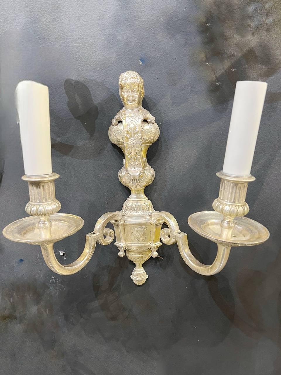 Engraved 1900's Caldwell Silver Plated Cherub Sconces For Sale