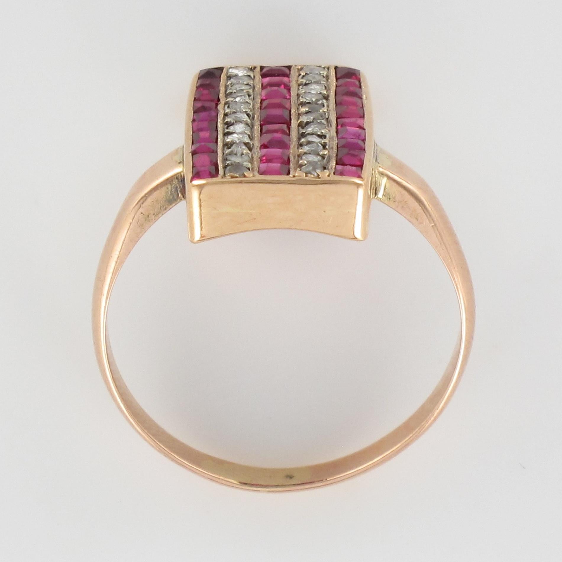 1900s Calibrated Ruby Diamond 18 Karat Rose Gold Rectangular Ring 5