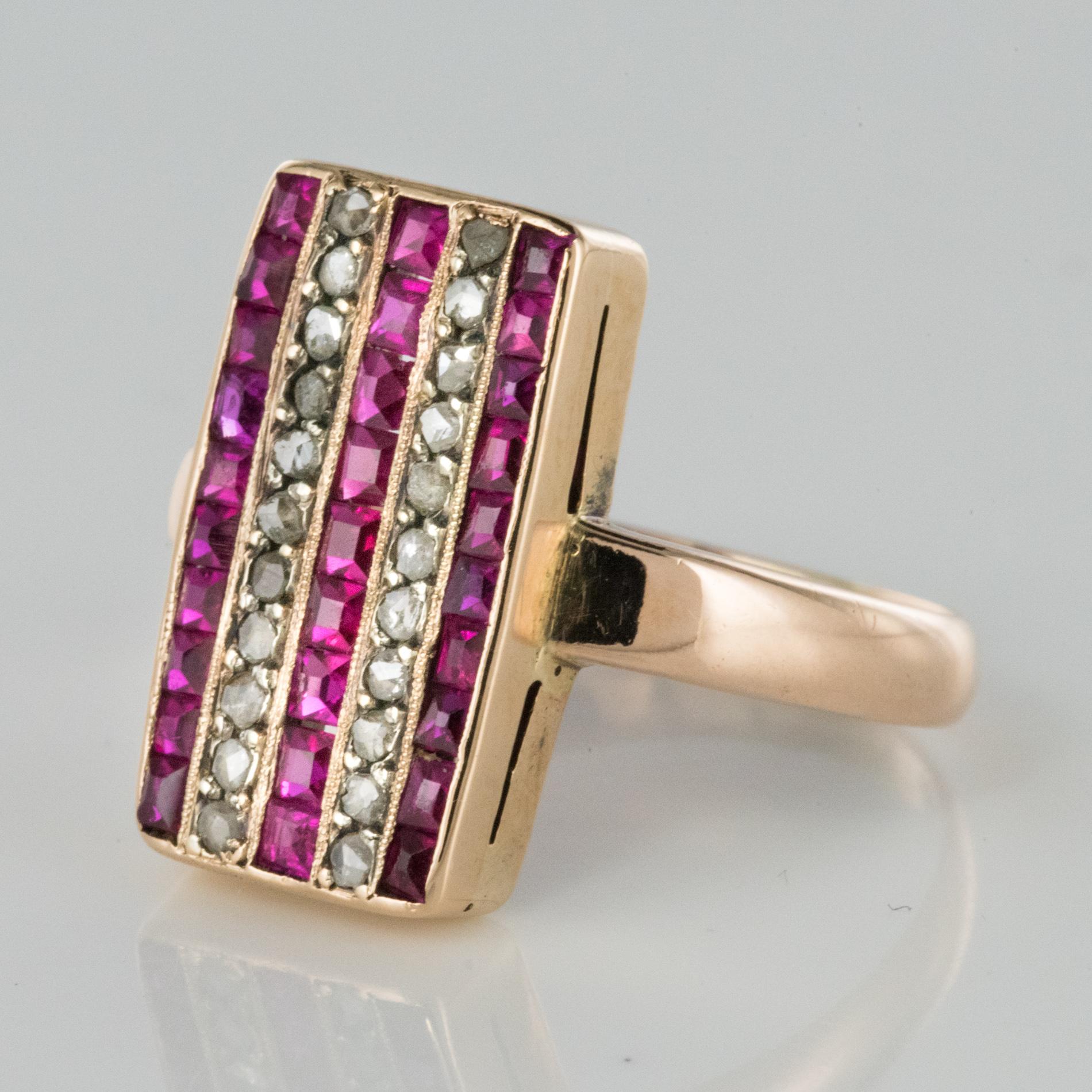Belle Époque 1900s Calibrated Ruby Diamond 18 Karat Rose Gold Rectangular Ring