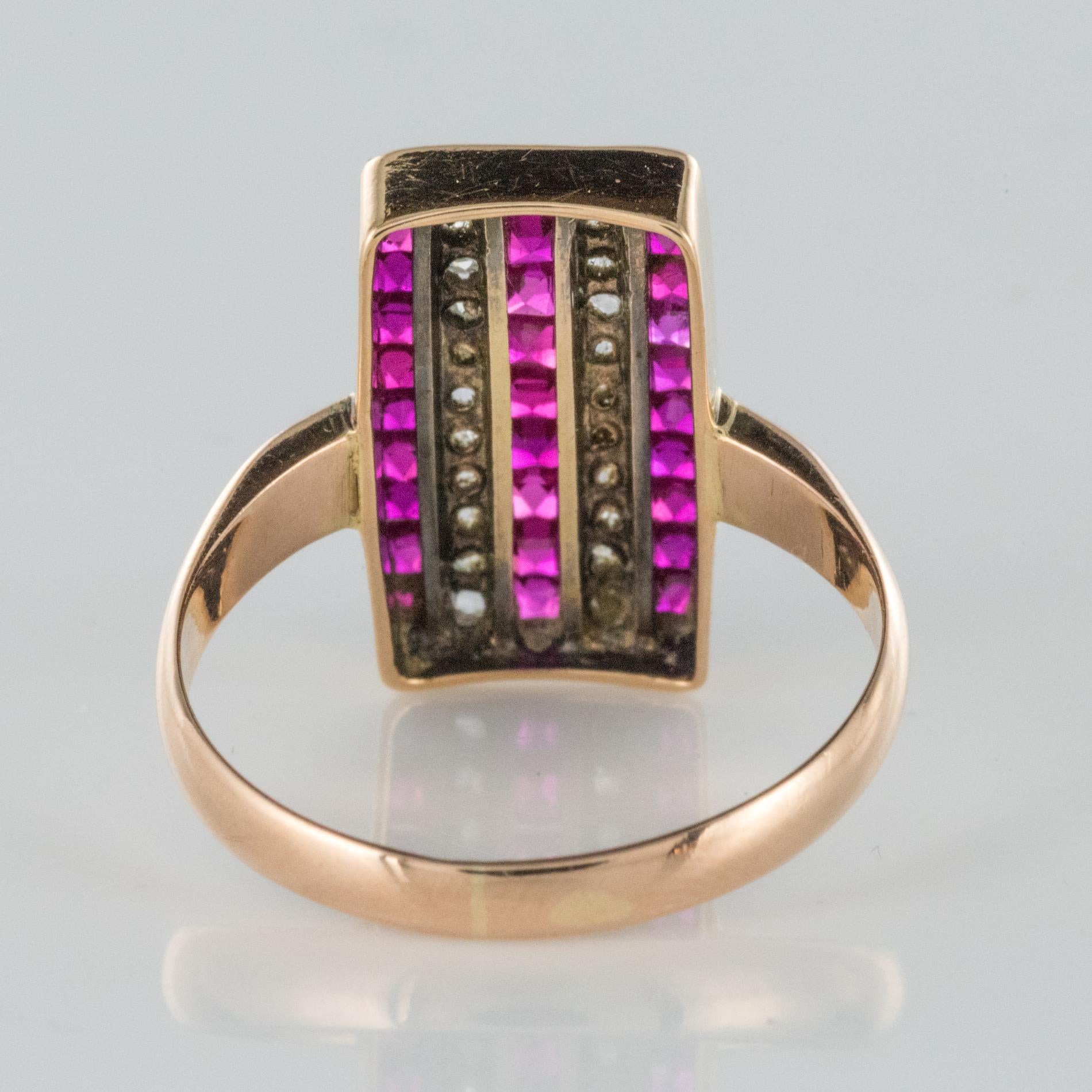 Women's 1900s Calibrated Ruby Diamond 18 Karat Rose Gold Rectangular Ring