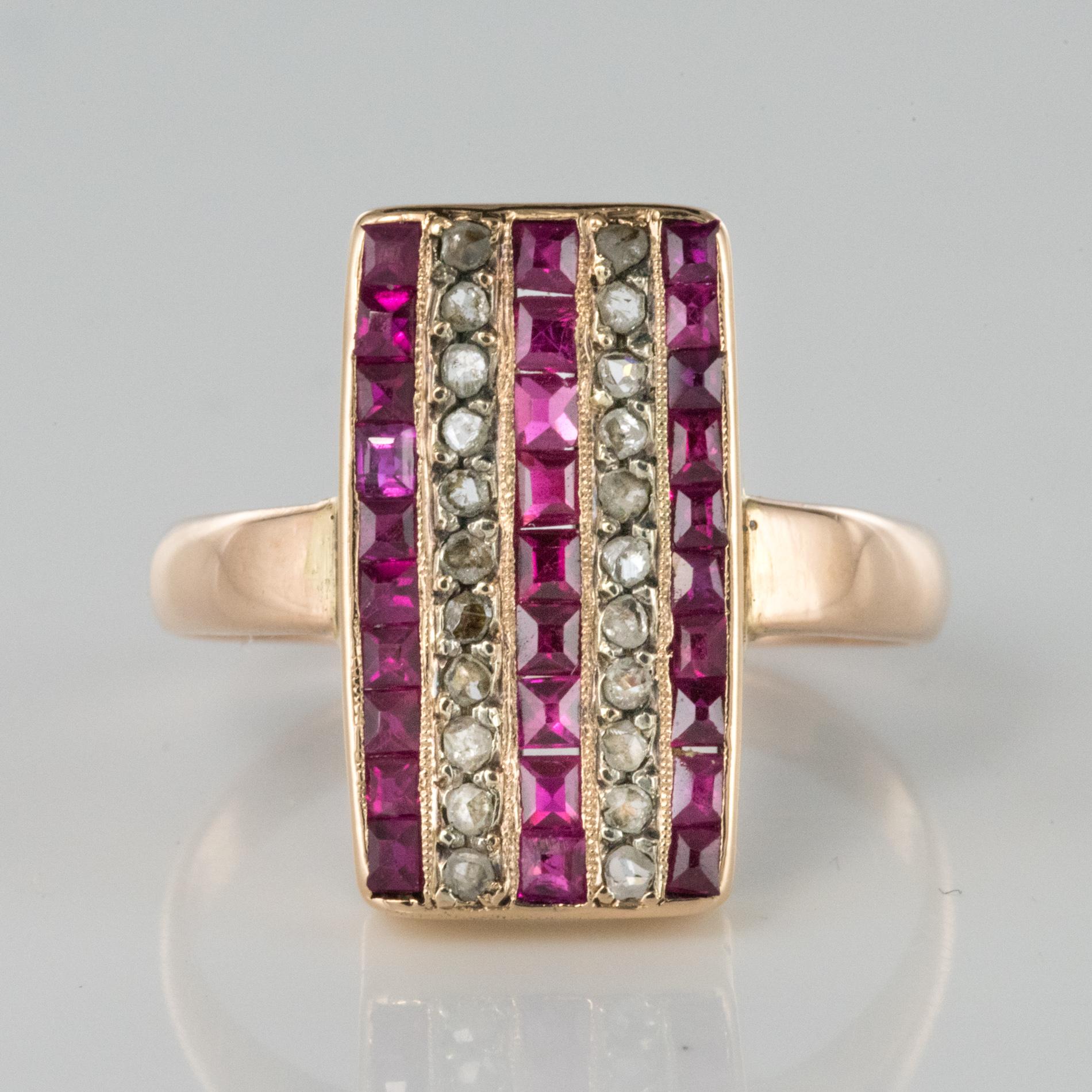 1900s Calibrated Ruby Diamond 18 Karat Rose Gold Rectangular Ring 4