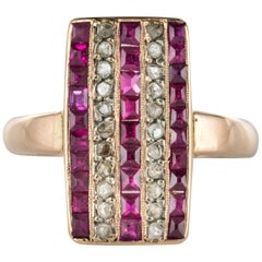 1900s Calibrated Ruby Diamond 18 Karat Rose Gold Rectangular Ring
