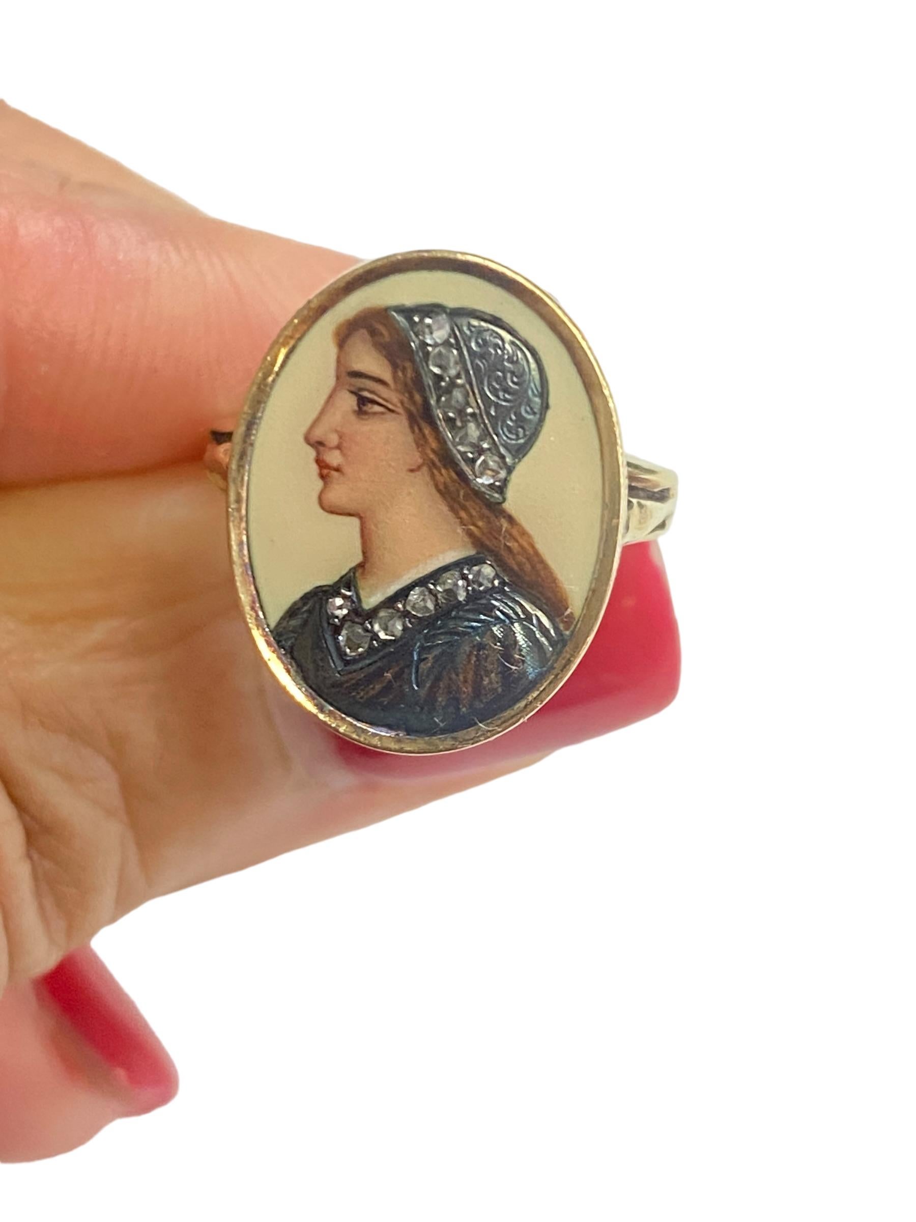 1900s Cameo Painted Renaissance Ring .15 Carat Old Mine Cut Diamonds In Good Condition For Sale In Laguna Hills, CA
