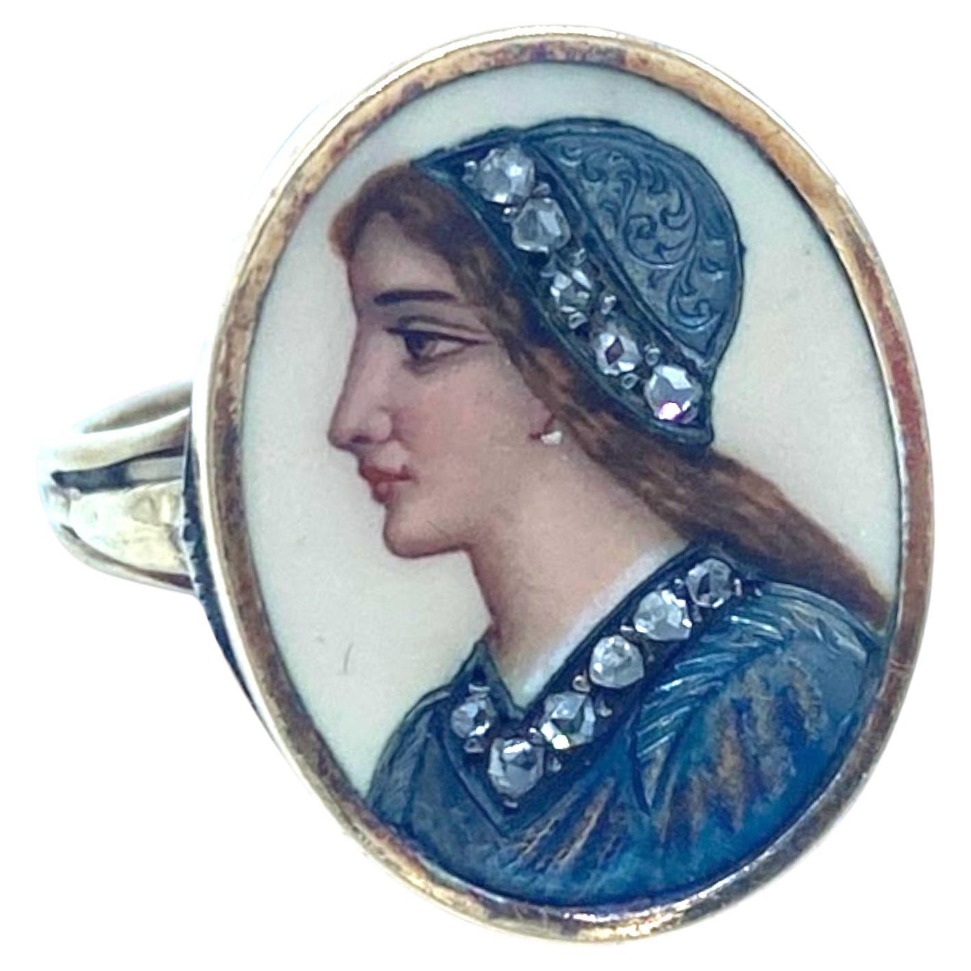 1900s Cameo Painted Renaissance Ring .15 Carat Old Mine Cut Diamonds For Sale