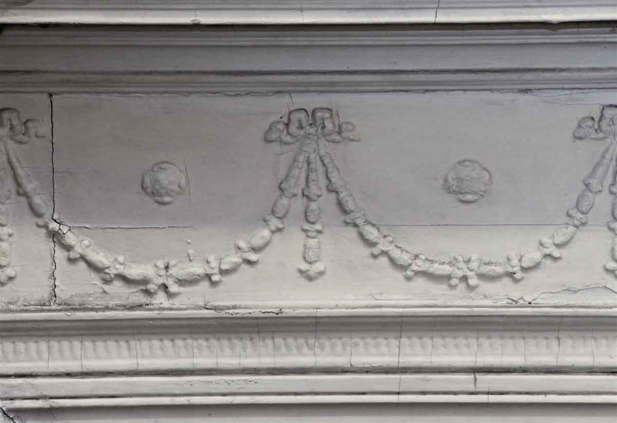 American 1900s Carved Wood Federal Mantel with Garland Design and White Crackle Paint
