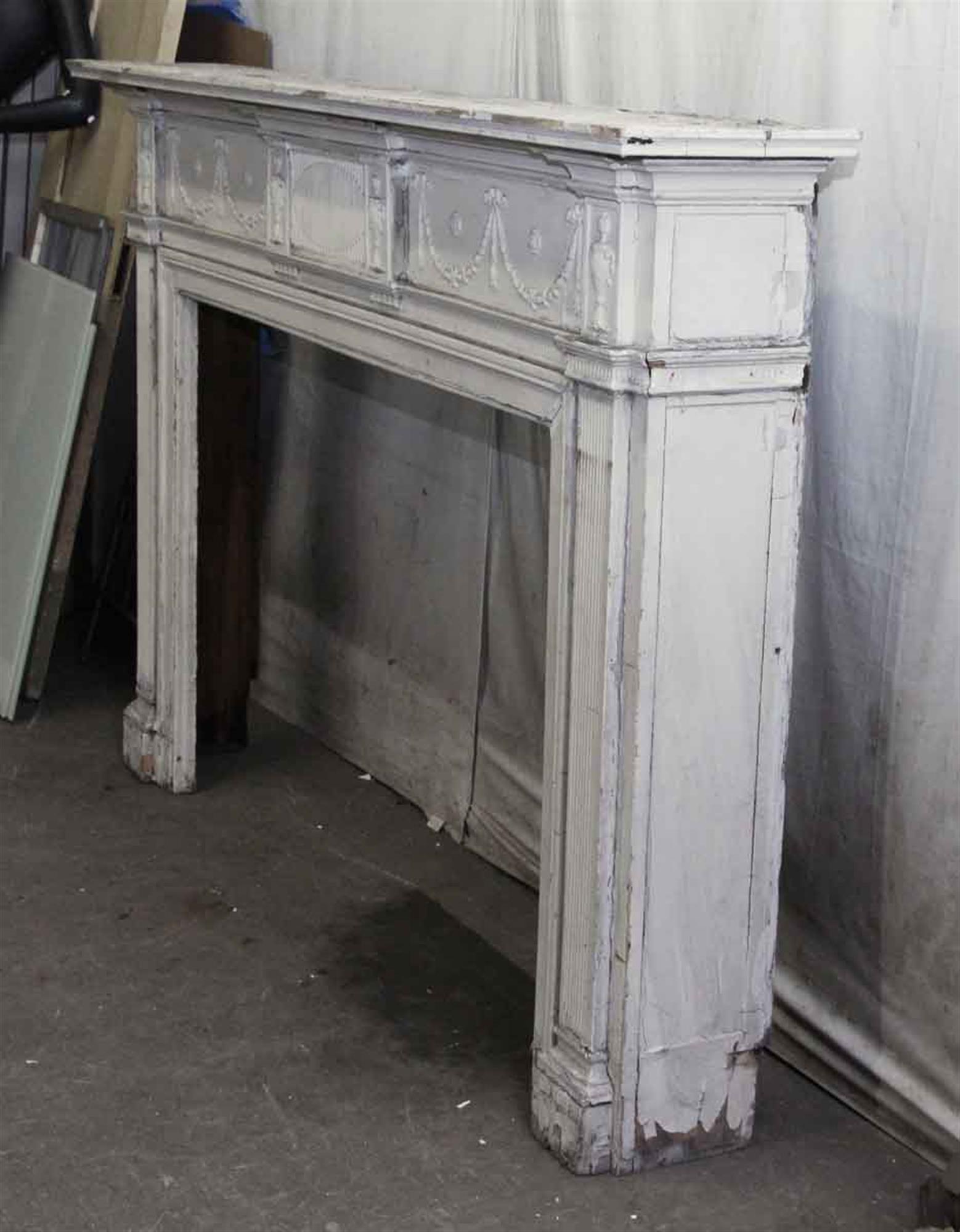 1900s Carved Wood Federal Mantel with Garland Design and White Crackle Paint 2