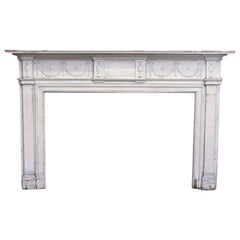 1900s Carved Wood Federal Mantel with Garland Design and White Crackle Paint