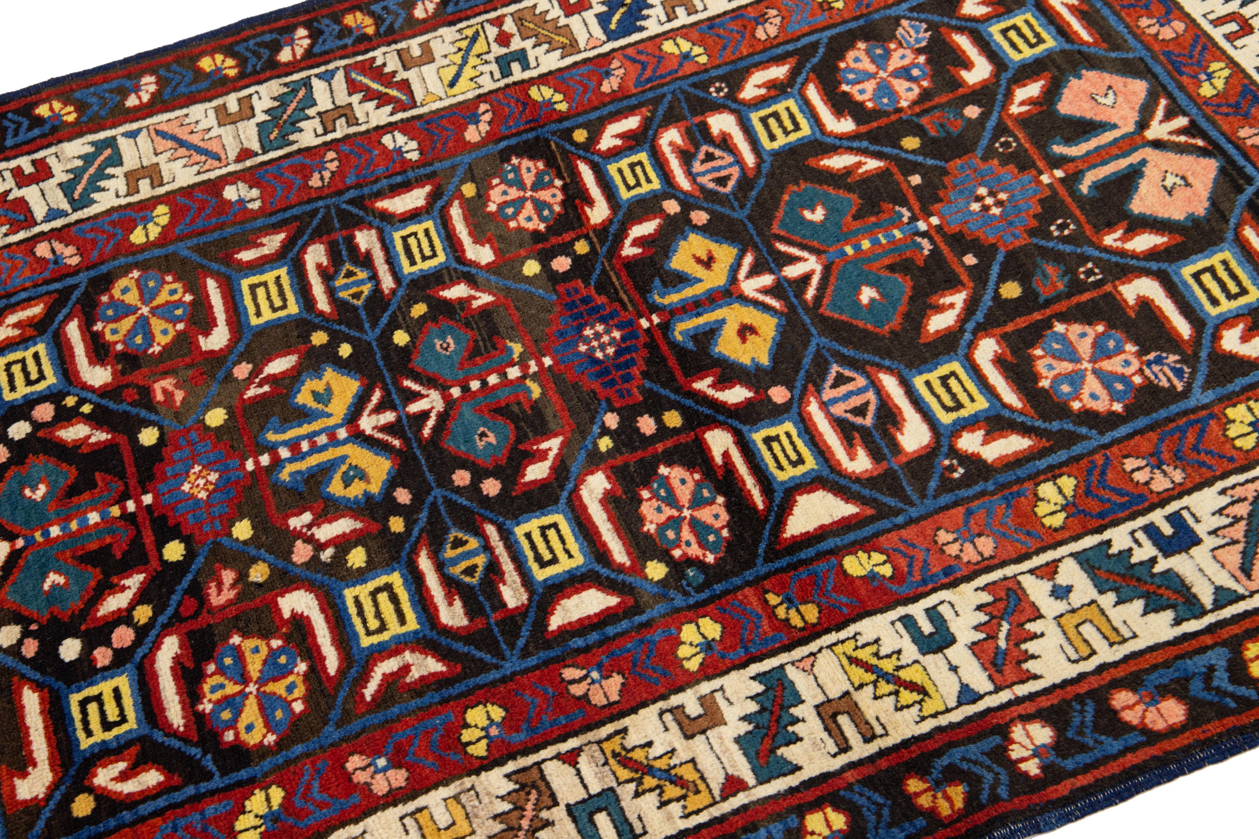 Hand-Knotted 1900s Caucasian Kazak Handmade Scatter Wool Rug in Brown For Sale