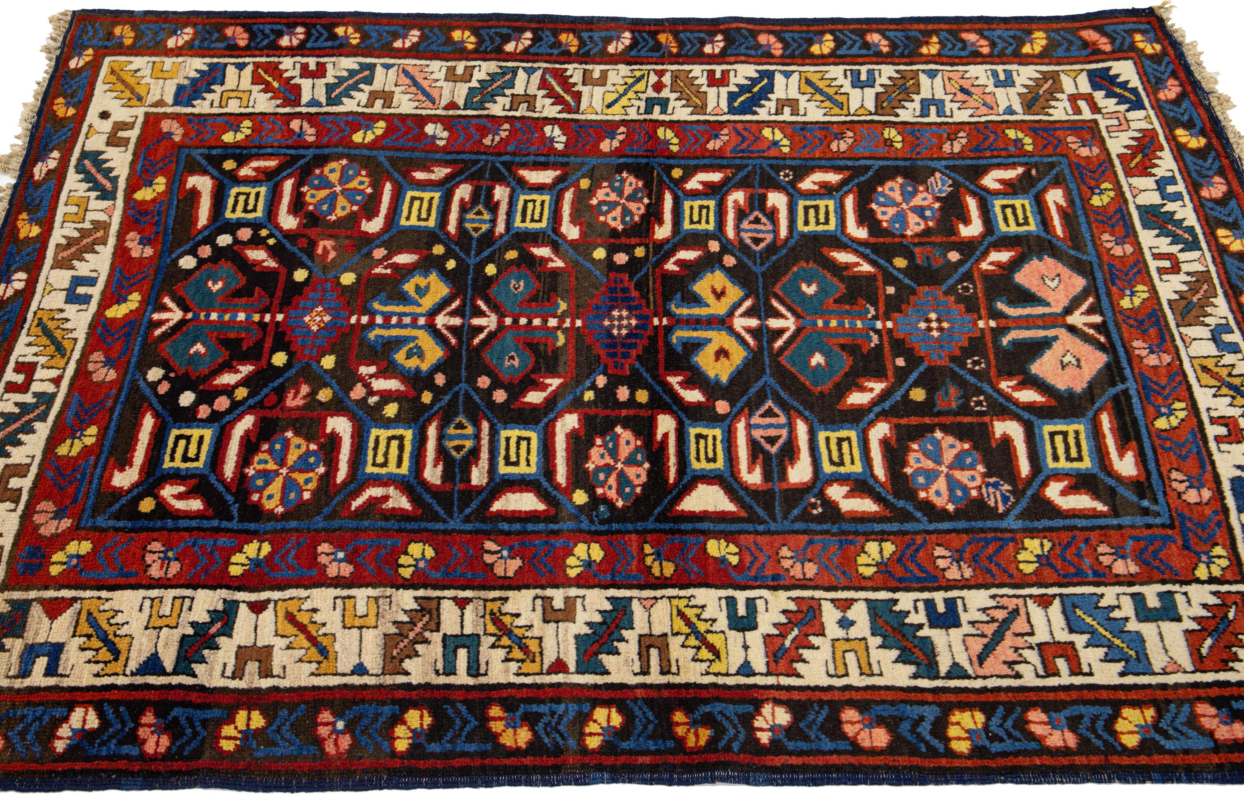 1900s Caucasian Kazak Handmade Scatter Wool Rug in Brown In Excellent Condition For Sale In Norwalk, CT