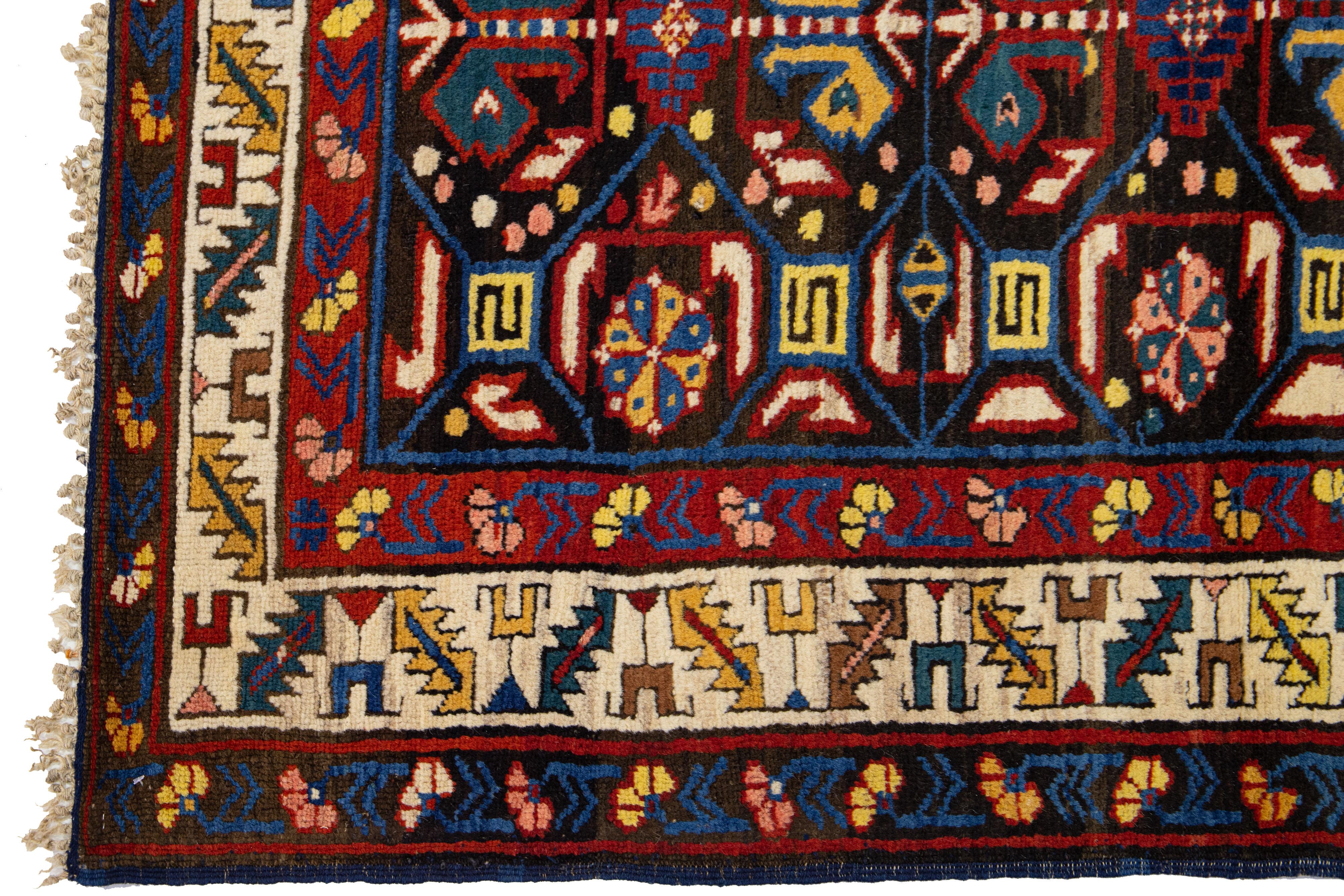 20th Century 1900s Caucasian Kazak Handmade Scatter Wool Rug in Brown For Sale