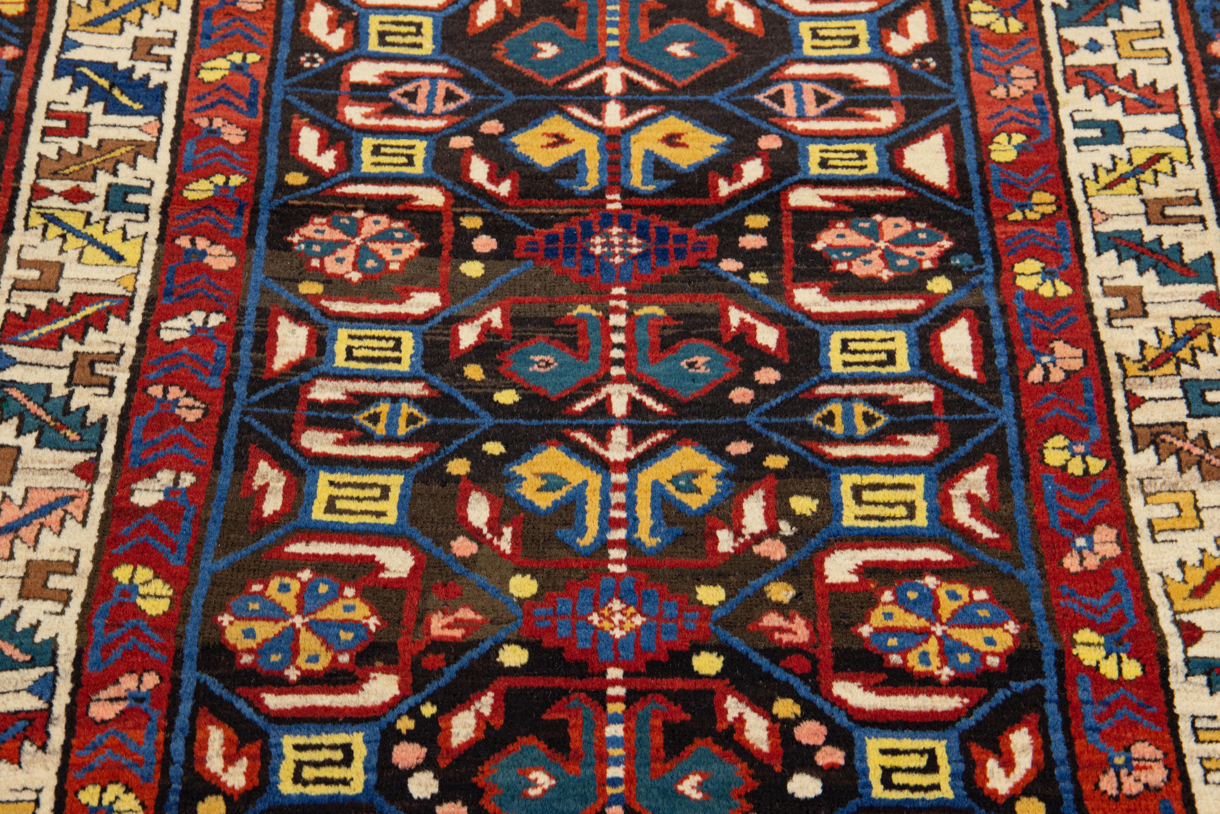 1900s Caucasian Kazak Handmade Scatter Wool Rug in Brown For Sale 1