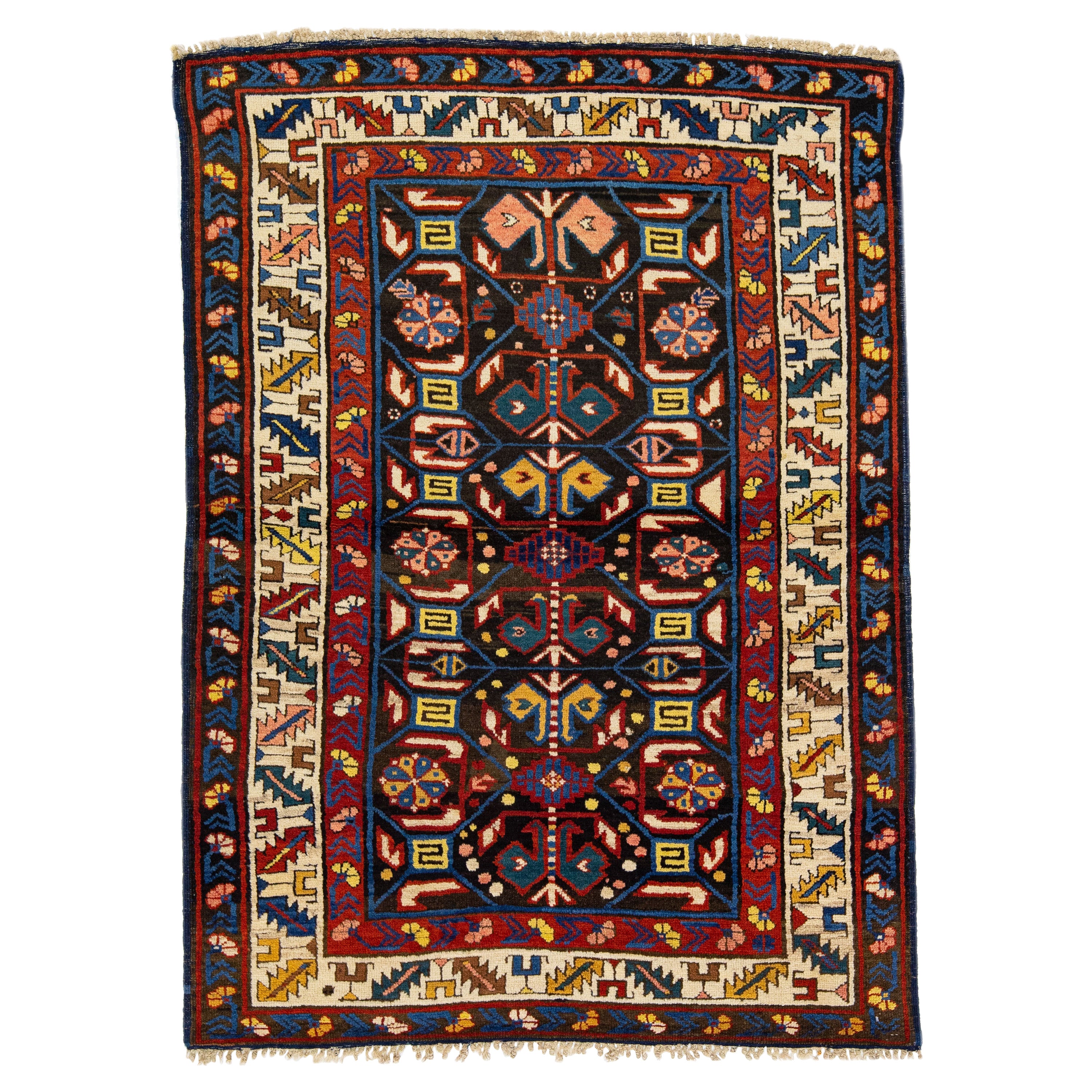 1900's kaukasischen Kazak handgefertigt Scatter Wolle Teppich In Braun im Angebot