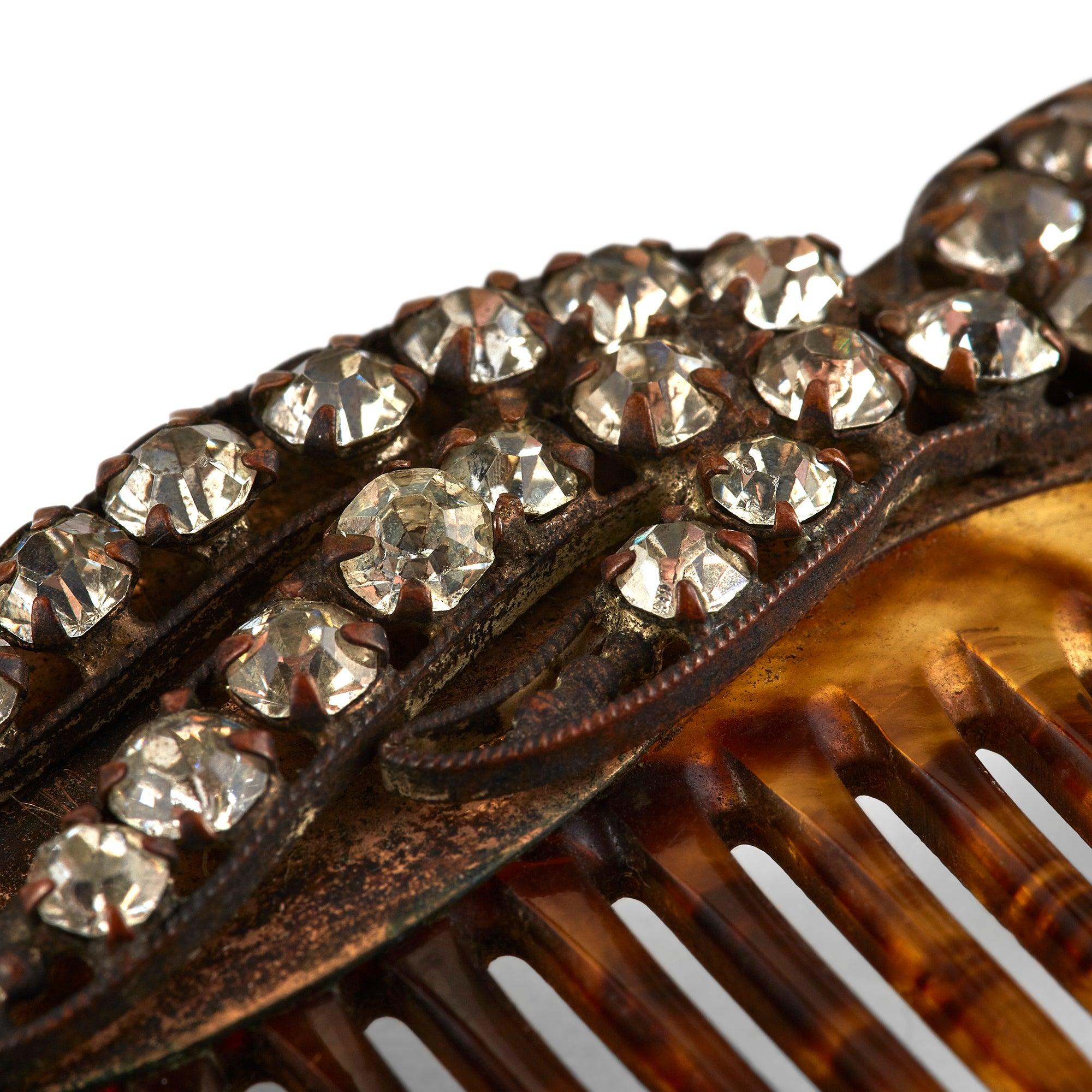 Marrone Fermacapelli edoardiano in celluloide e strass del 1900 in vendita