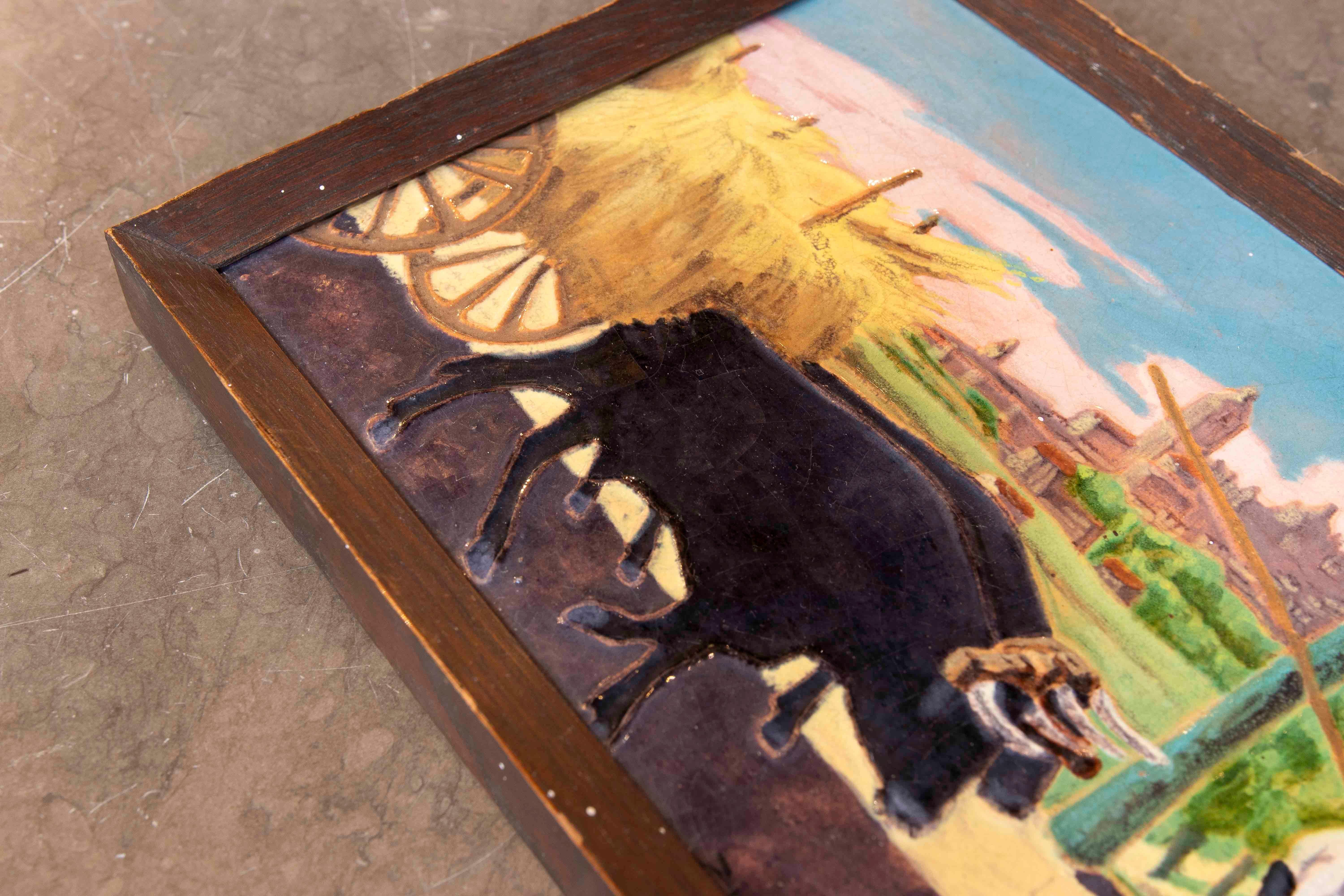 1900s Ceramic Tile of Peasant with Cows and Cart by Artist Daniel Zuloaga For Sale 5