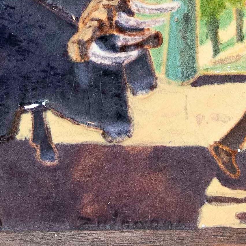 1900s Ceramic Tile of Peasant with Cows and Cart by Artist Daniel Zuloaga 