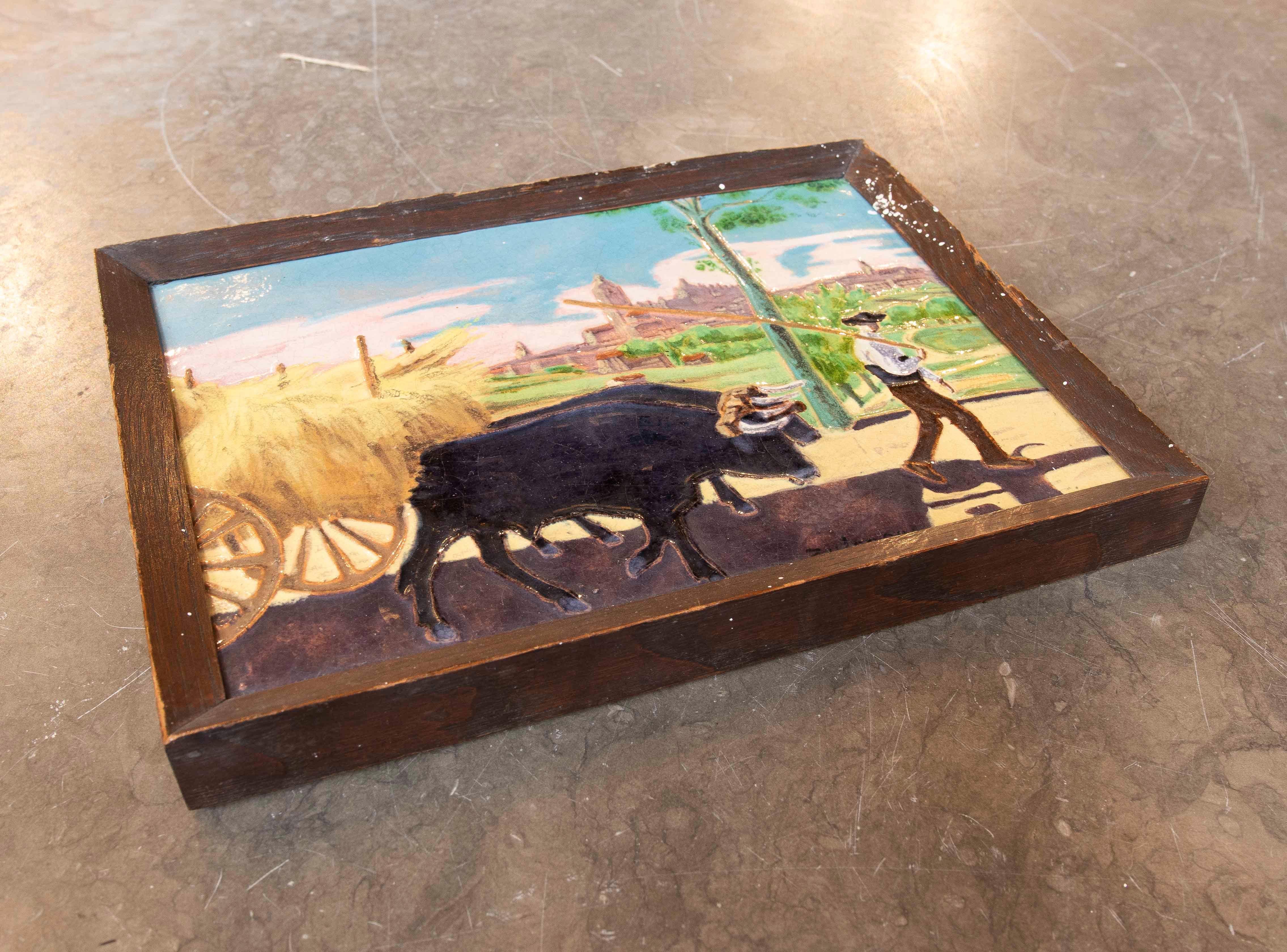 Spanish 1900s Ceramic Tile of Peasant with Cows and Cart by Artist Daniel Zuloaga For Sale