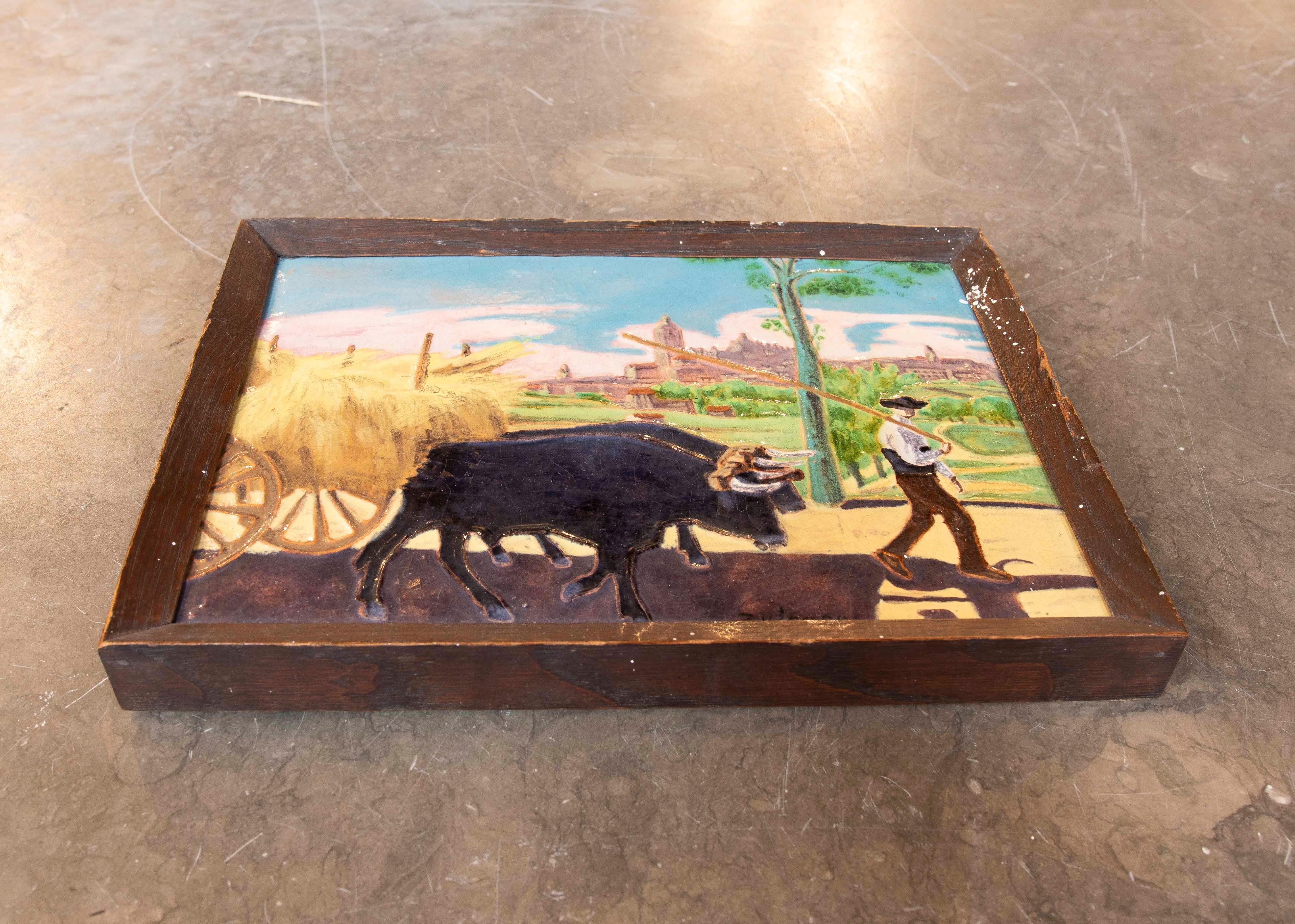 Glazed 1900s Ceramic Tile of Peasant with Cows and Cart by Artist Daniel Zuloaga For Sale