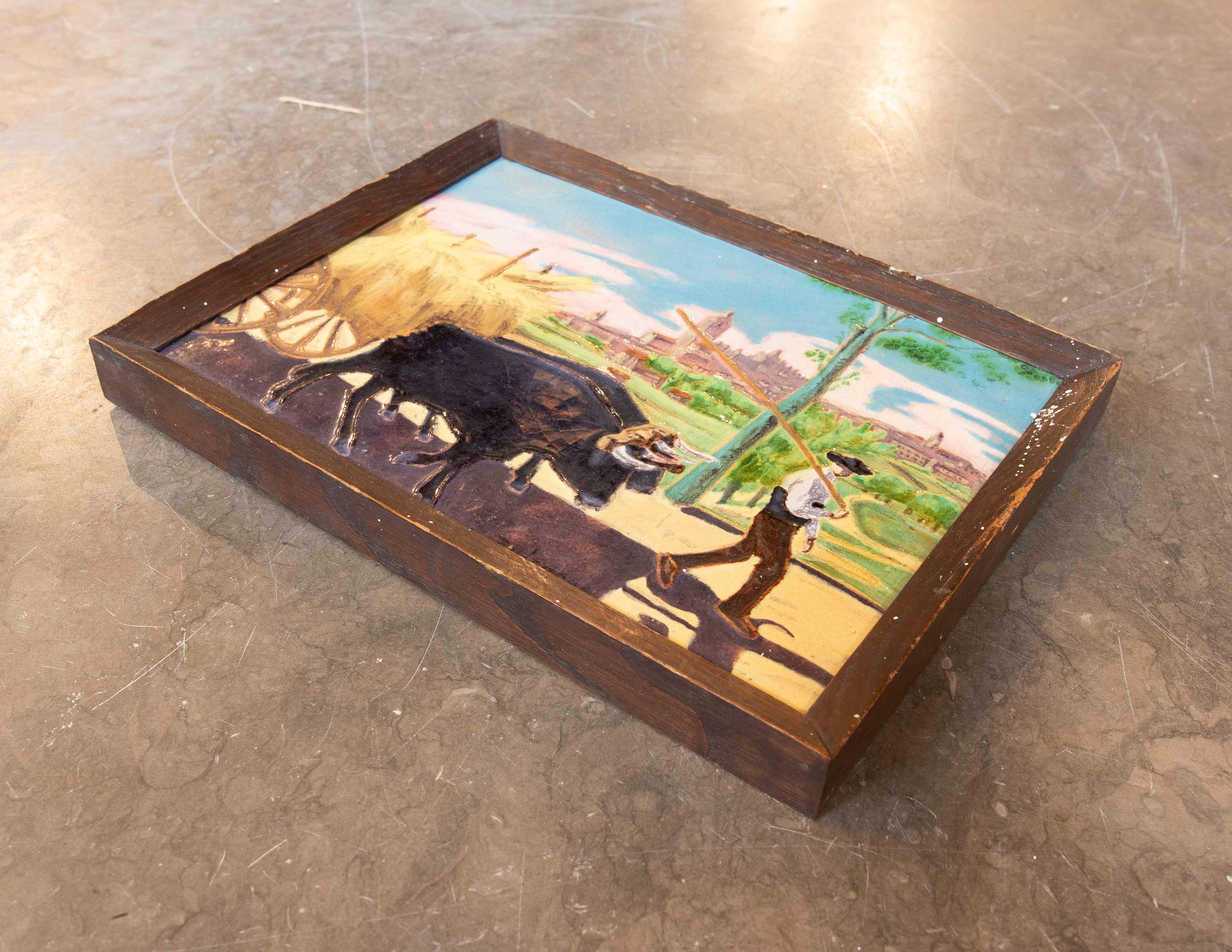 1900s Ceramic Tile of Peasant with Cows and Cart by Artist Daniel Zuloaga In Good Condition For Sale In Marbella, ES