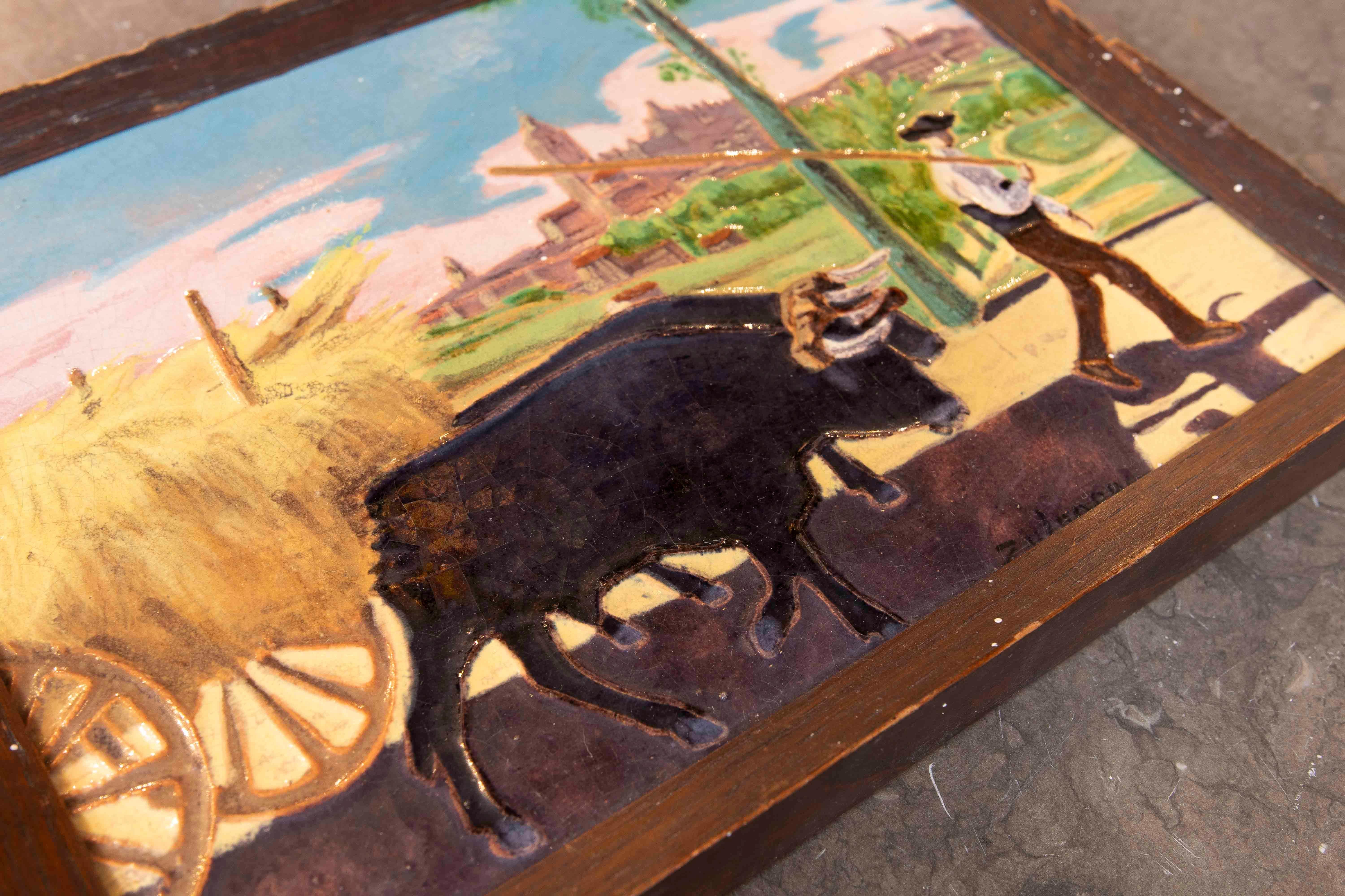 1900s Ceramic Tile of Peasant with Cows and Cart by Artist Daniel Zuloaga For Sale 2