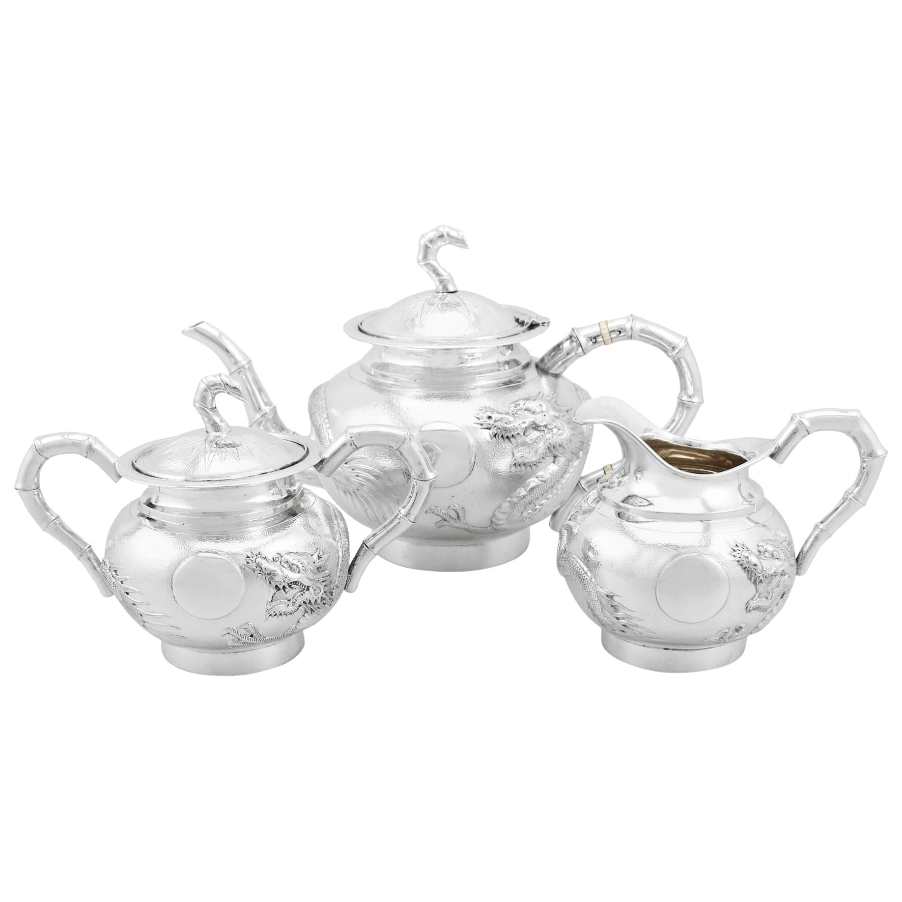 1900s Chinese Export Silver Three-Piece Tea Service For Sale