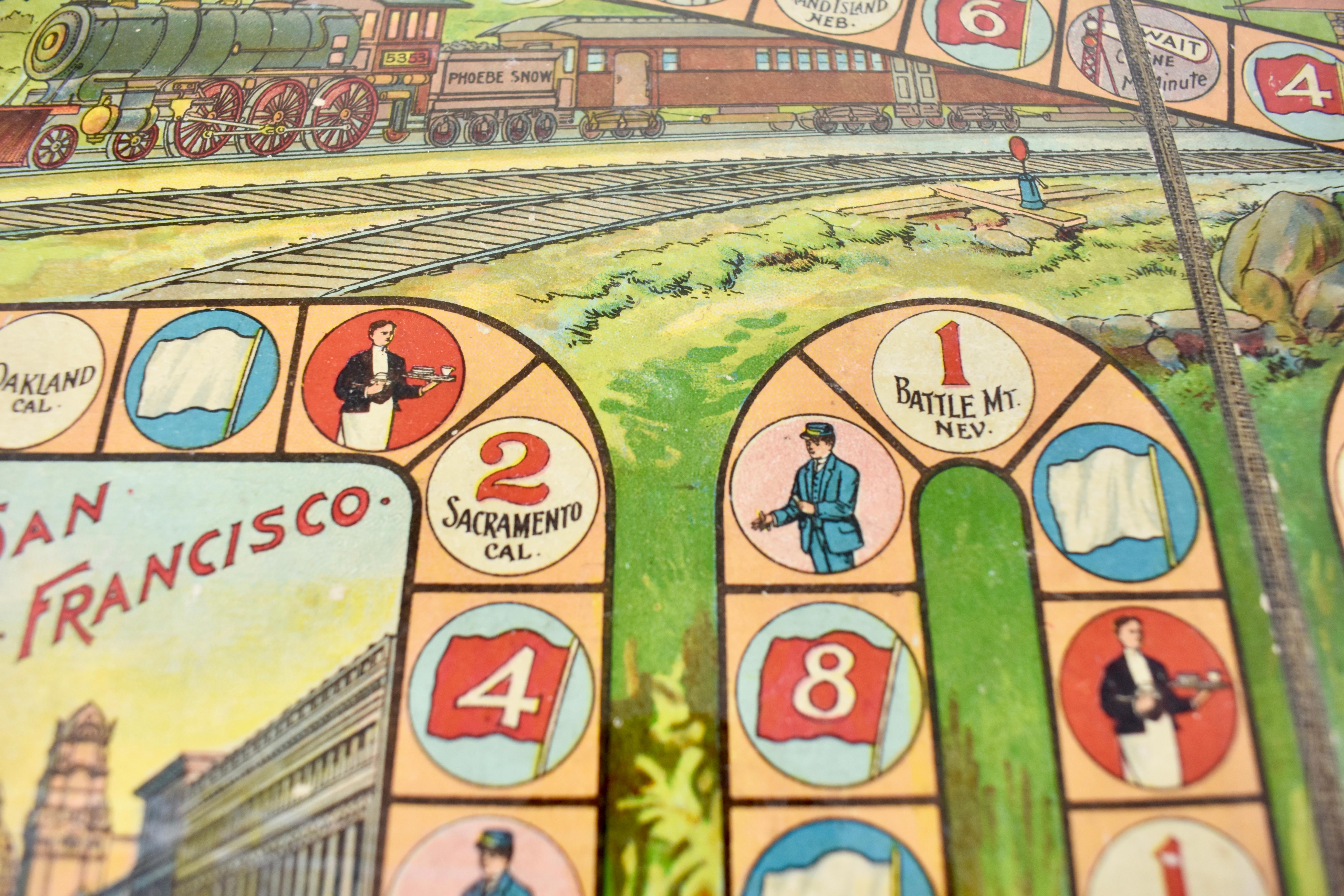 1900s Chromolithograph A Train Trip with Phoebe Snow Childrens Game Board Framed 1