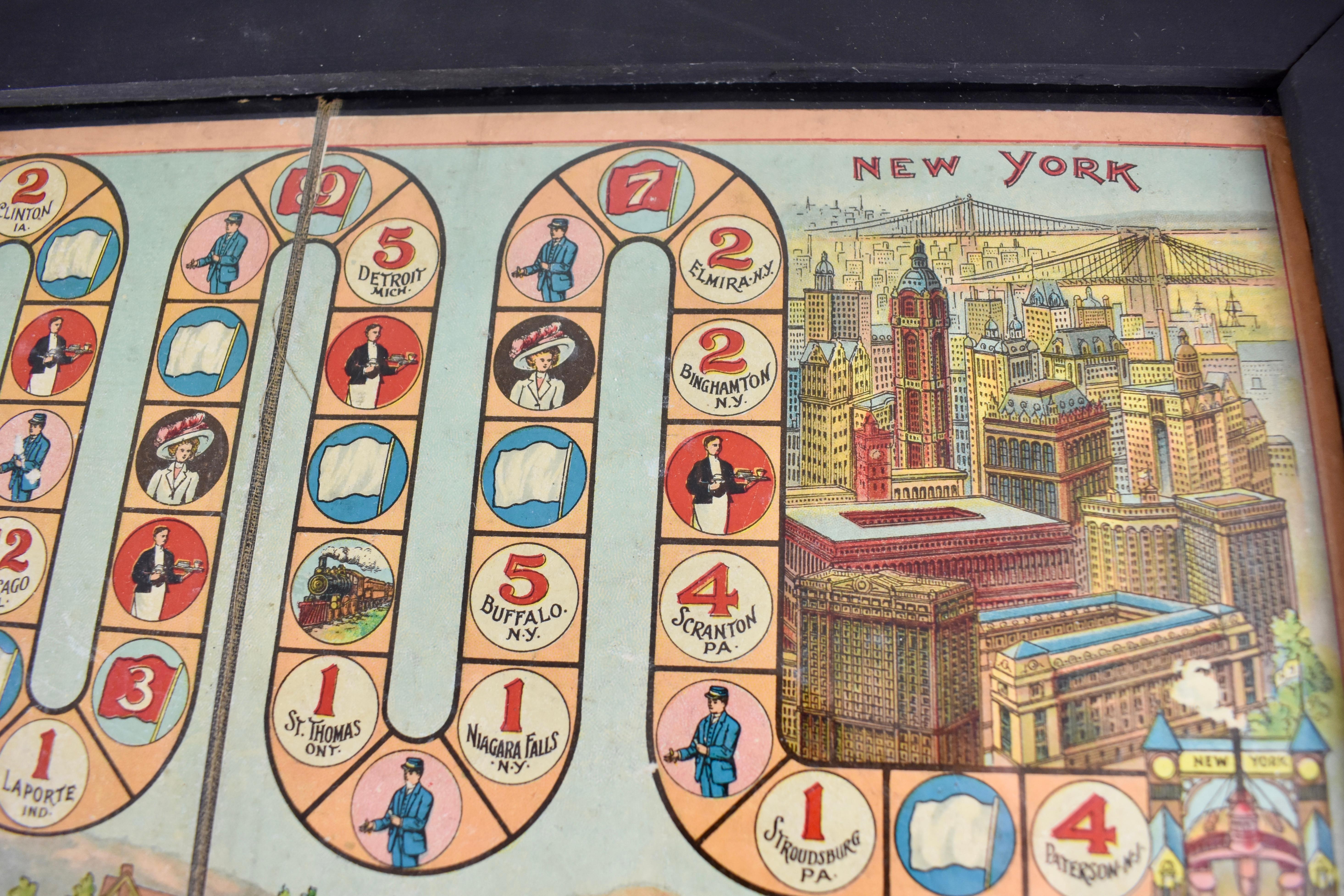 1900s Chromolithograph A Train Trip with Phoebe Snow Childrens Game Board Framed 2