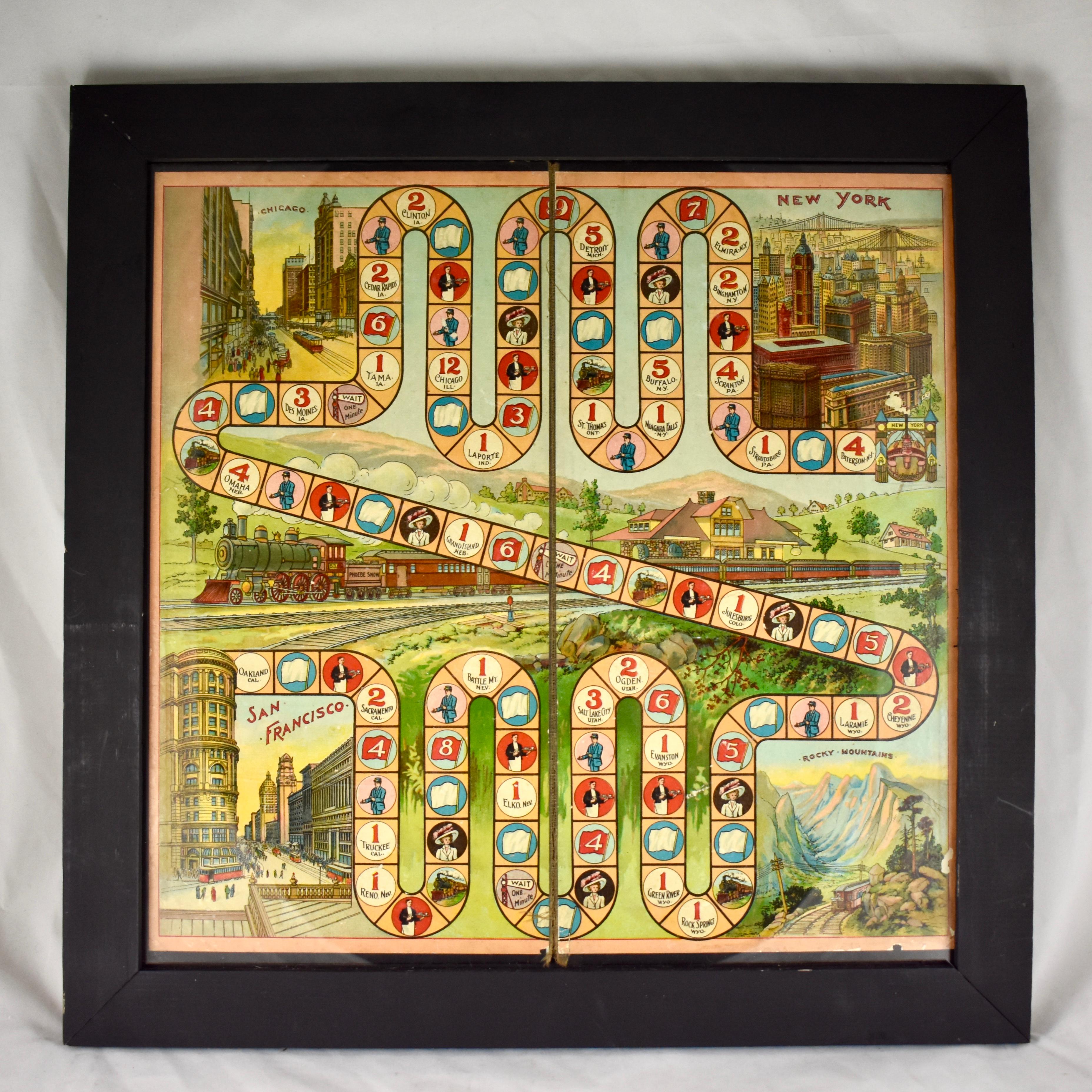 1900s Chromolithograph A Train Trip with Phoebe Snow Childrens Game Board Framed 5