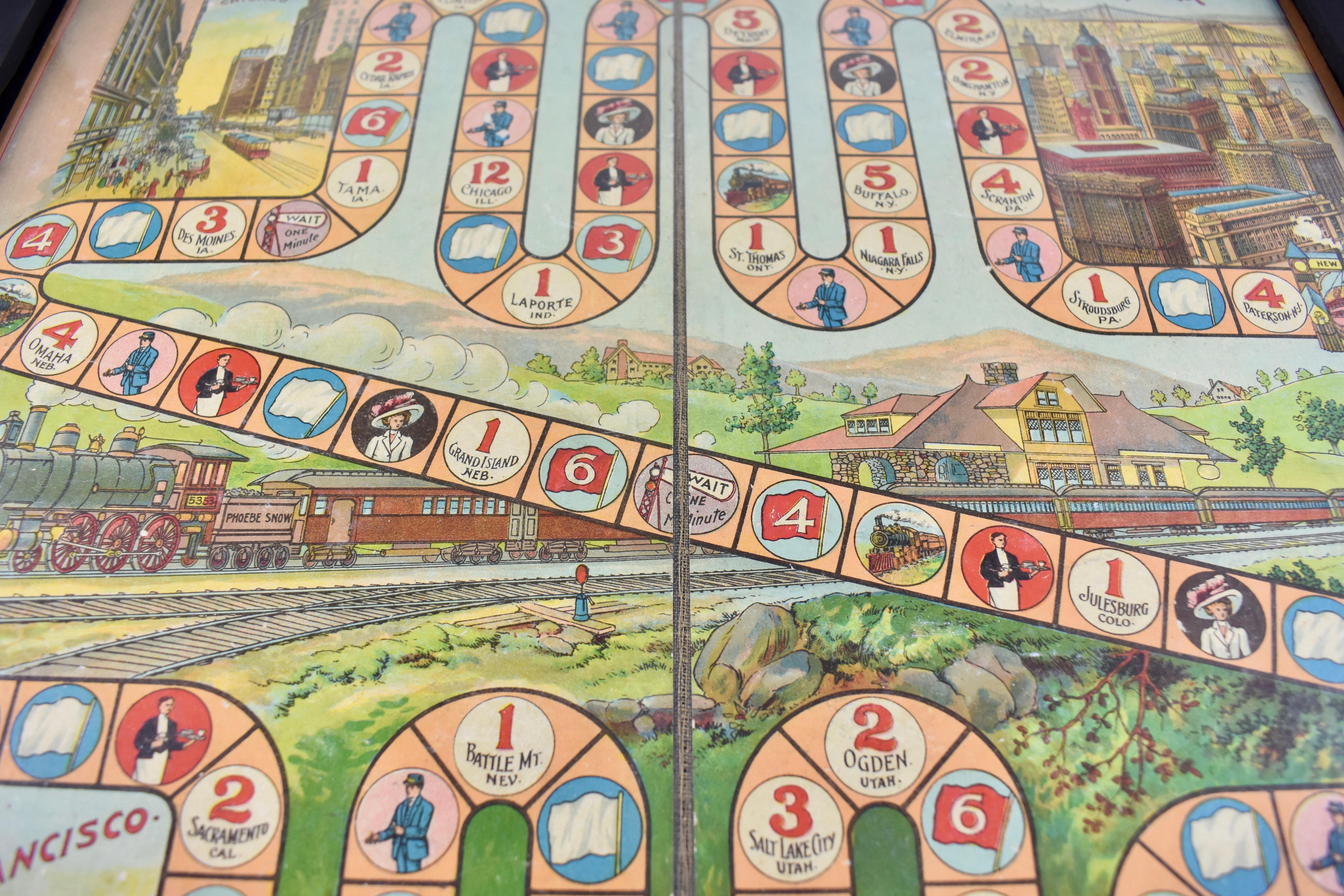 Polychromed 1900s Chromolithograph A Train Trip with Phoebe Snow Childrens Game Board Framed
