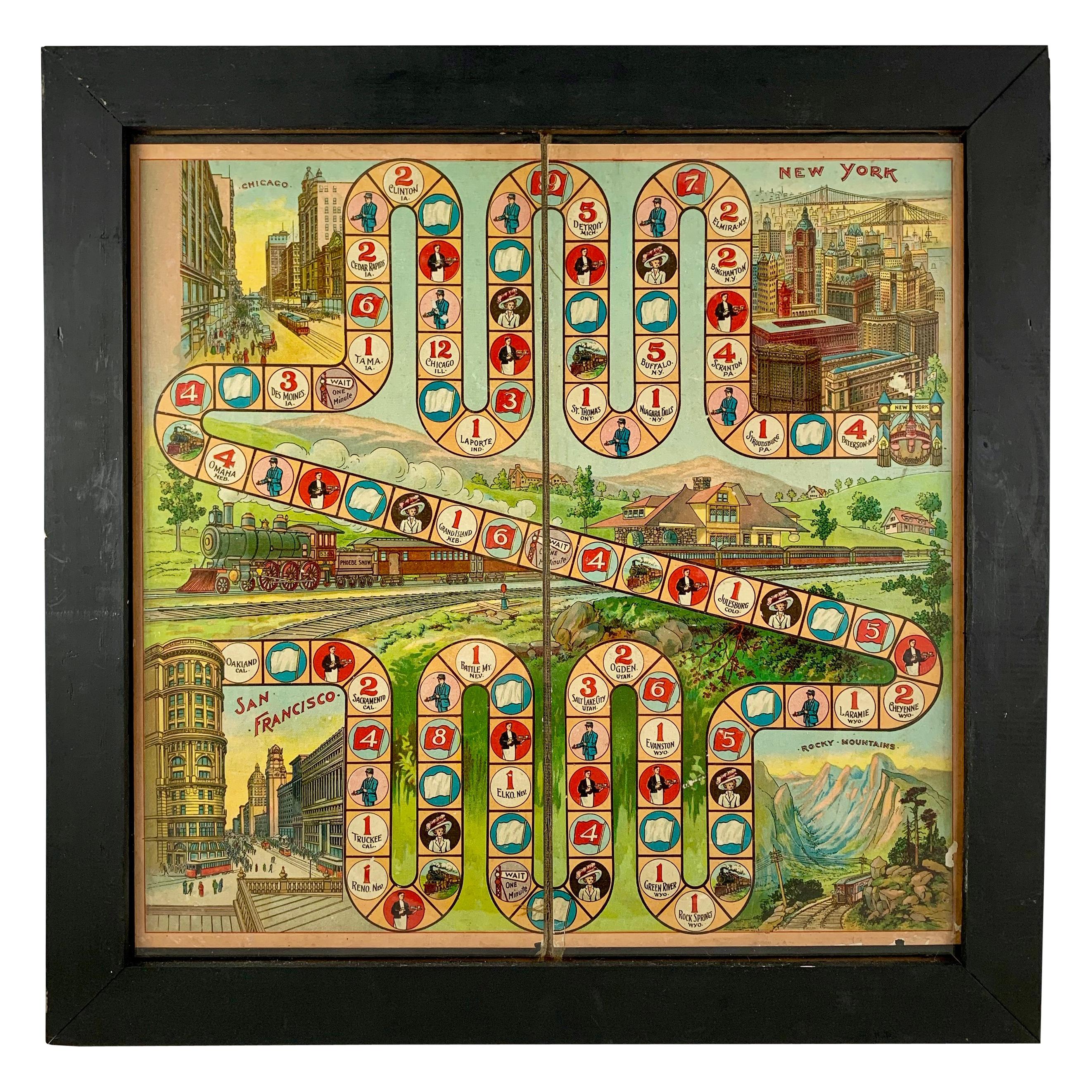 1900s Chromolithograph A Train Trip with Phoebe Snow Childrens Game Board Framed