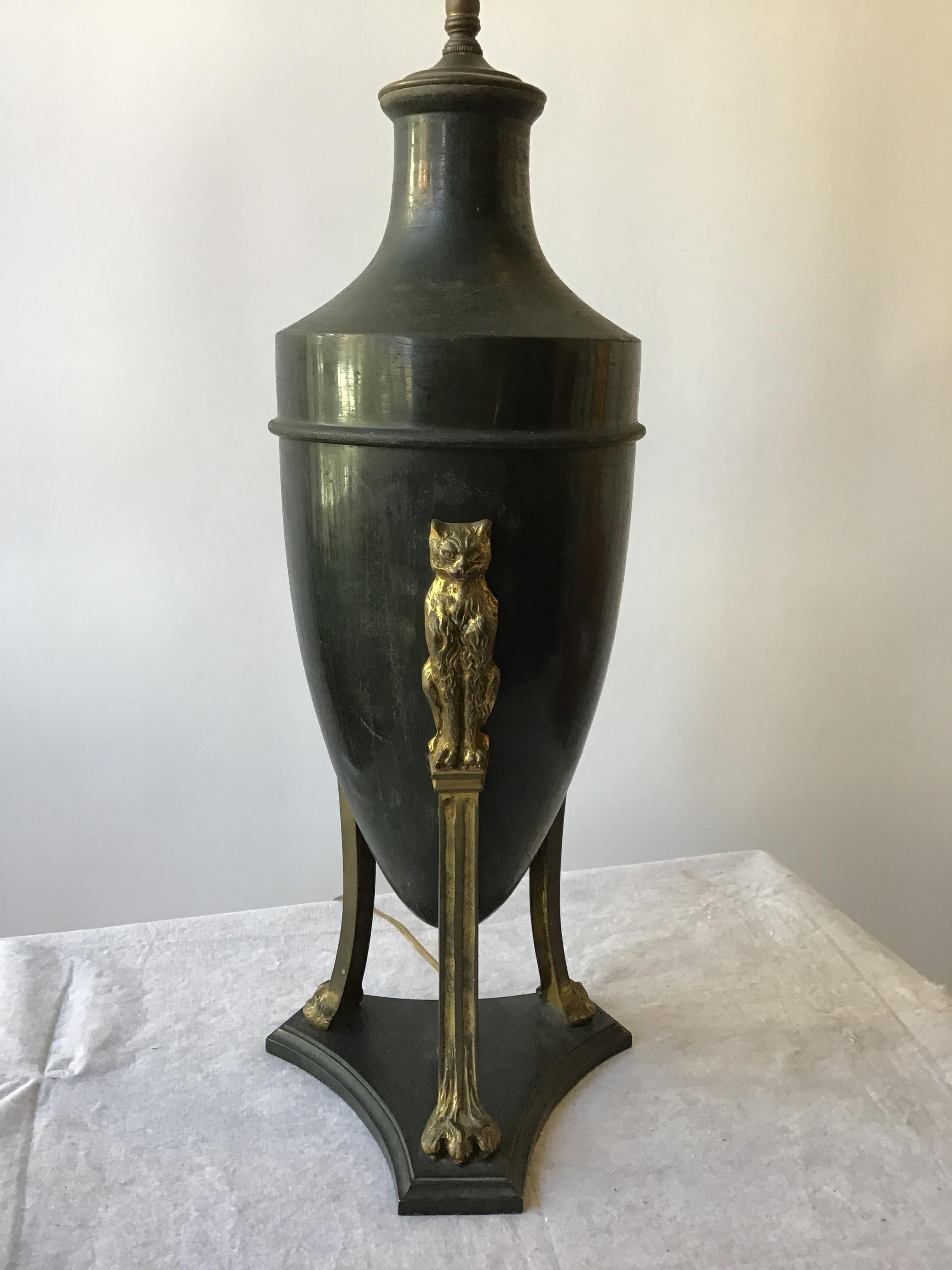1900 classical metal urn lamp adorned with gilt cats. One of a kind!