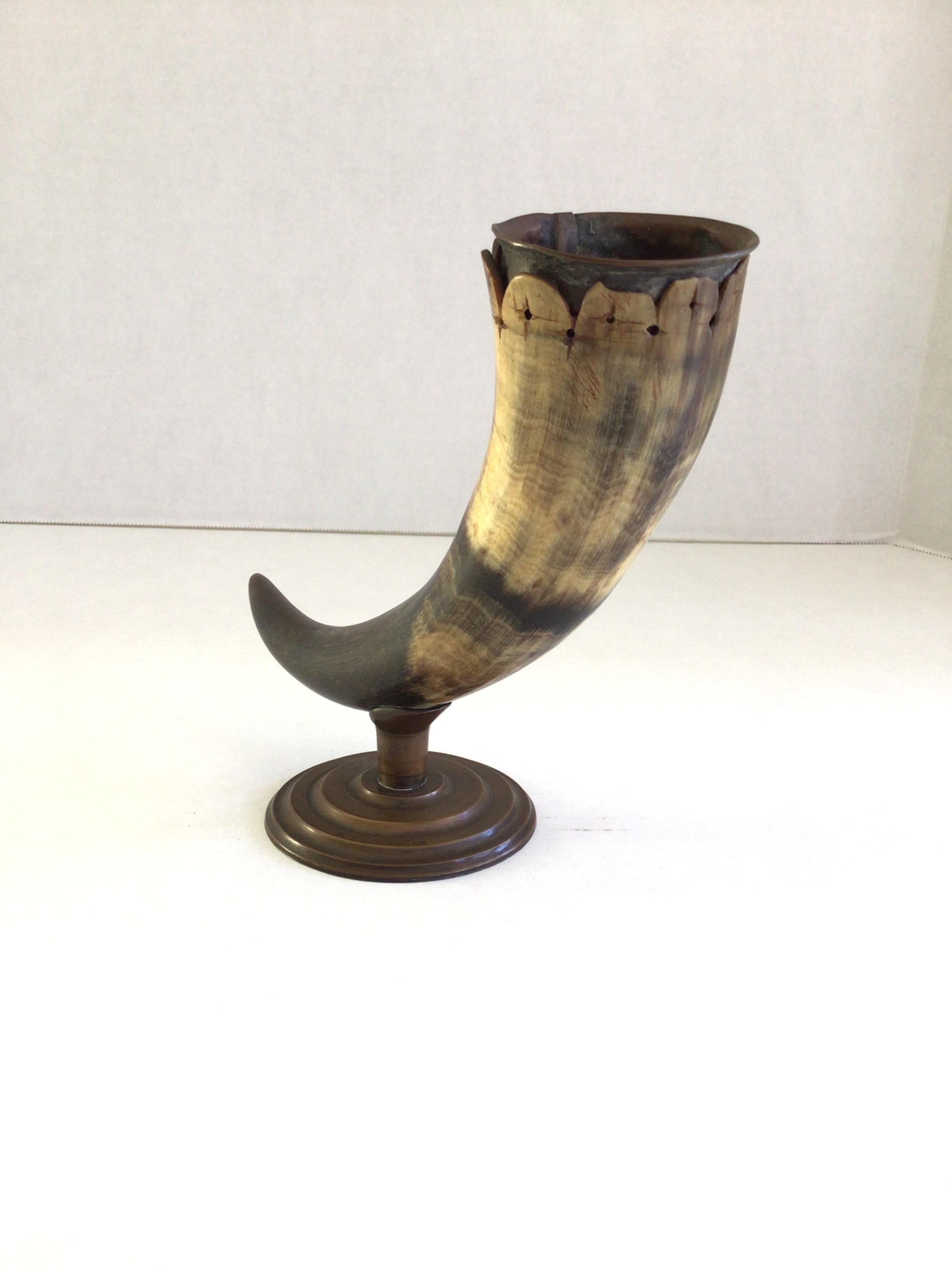 Carved 1900s Copper Horn Holder On Copper Base For Sale