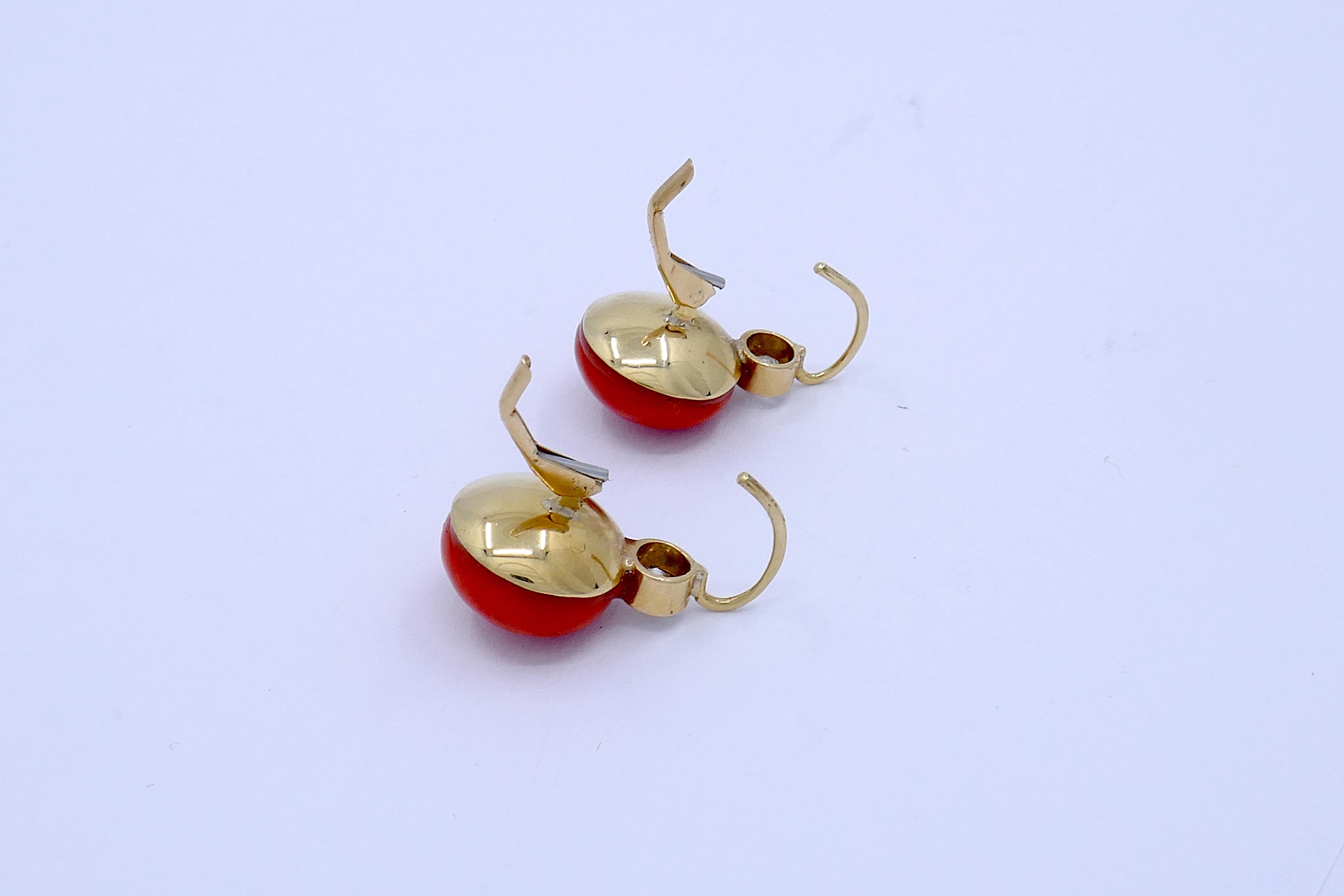 Half Moon Cut 1900s Coral button Earrings with Diamonds and 14k Gold