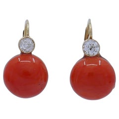 Antique 1900s Coral button Earrings with Diamonds and 14k Gold