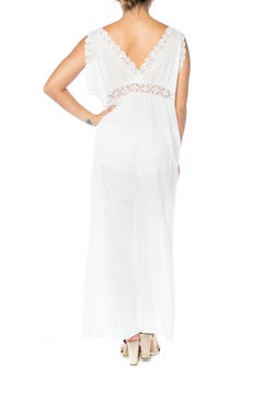 1900S White Cotton Edwardian Nightgown Dress With Inset Filet Lace And Hand-Emb