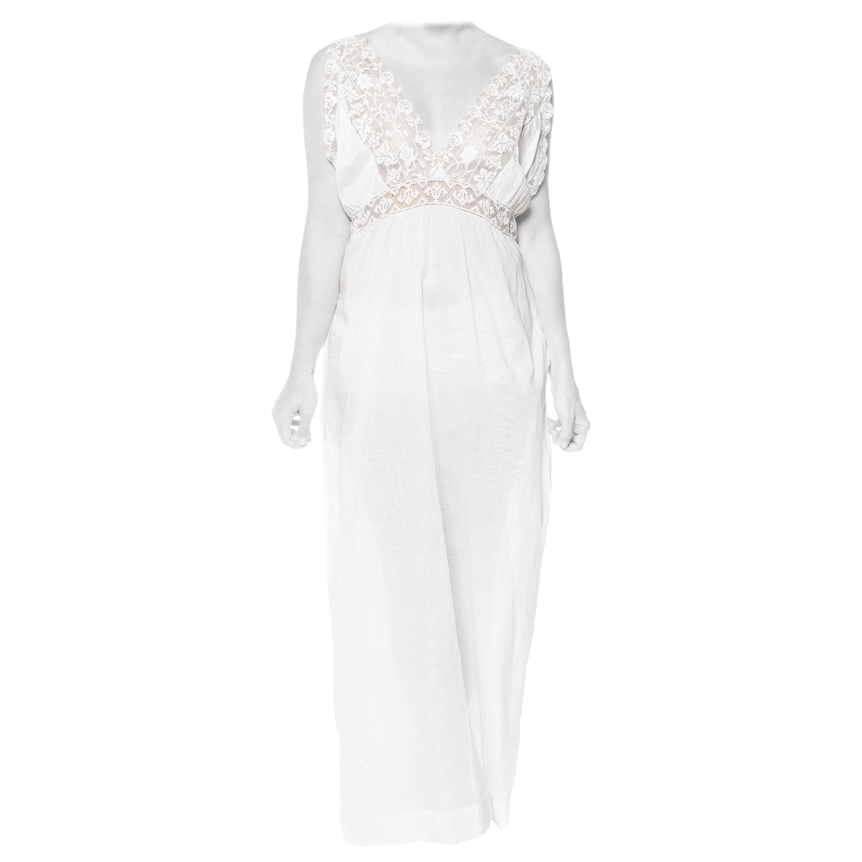 1900S White Cotton Edwardian Nightgown Dress With Inset Filet Lace And Hand-Emb For Sale