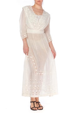 1900S White Cotton Lawn & Edwardian Eyelet Lace Dress With Pintucked Sleeves
