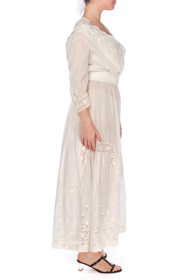 1900S White Cotton Lawn and Edwardian Eyelet Lace Dress With Pintucked ...