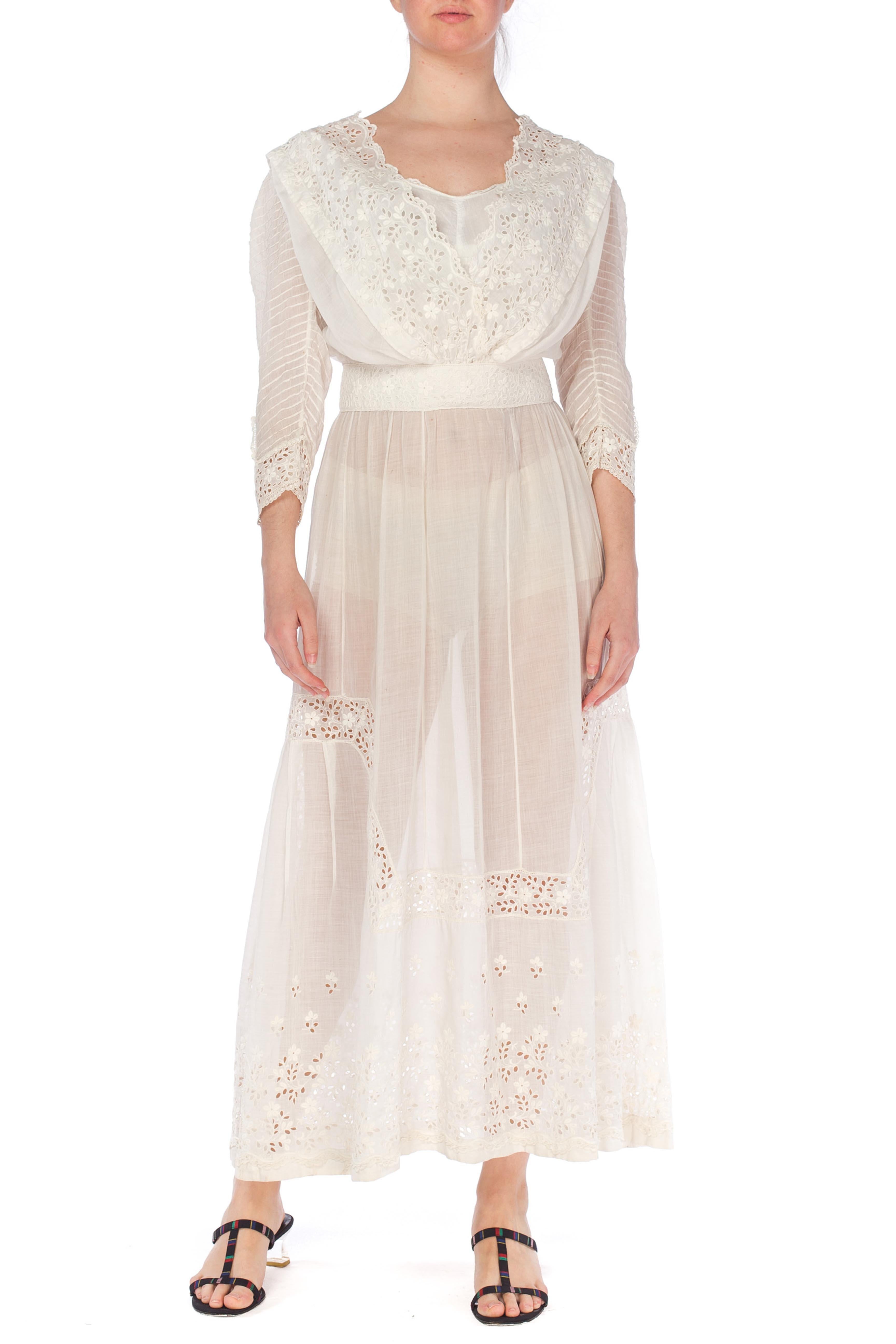 Women's 1900S White Cotton Lawn & Edwardian Eyelet Lace Dress With Pintucked Sleeves