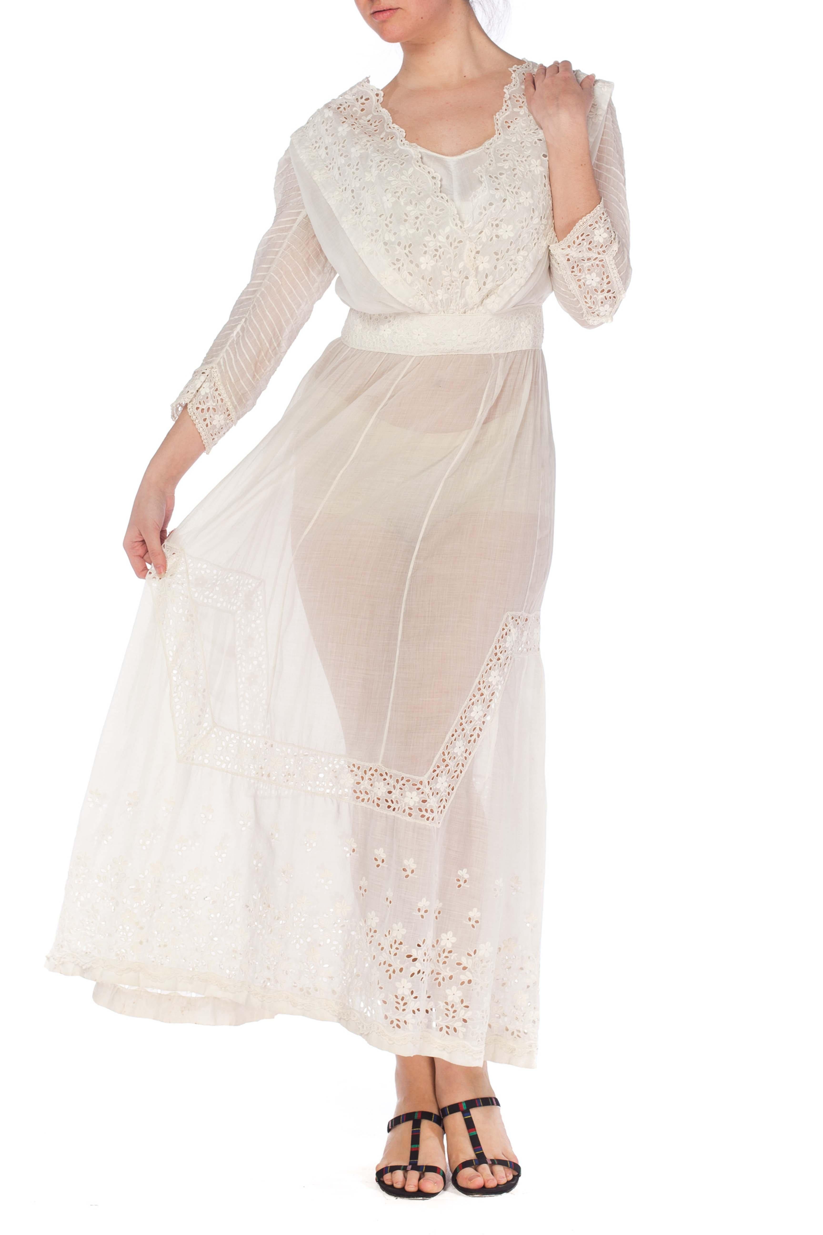 1900S White Cotton Lawn & Edwardian Eyelet Lace Dress With Pintucked Sleeves For Sale 1