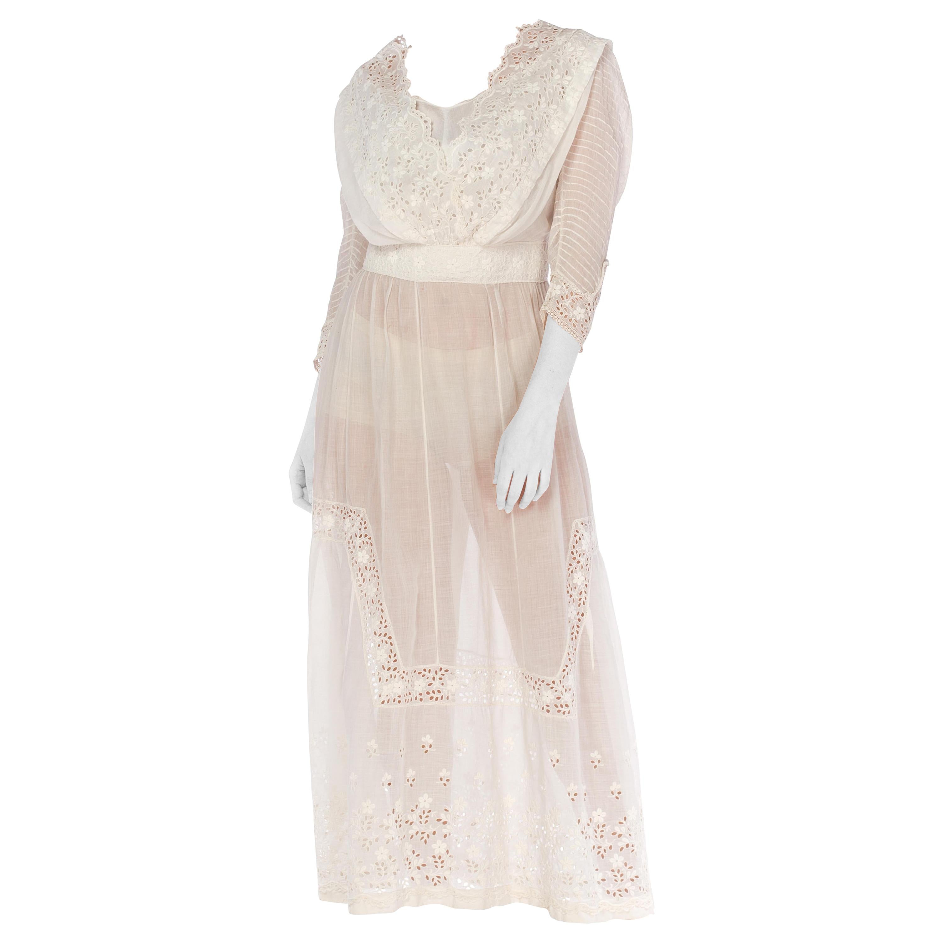 1900S White Cotton Lawn & Edwardian Eyelet Lace Dress With Pintucked Sleeves For Sale