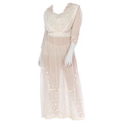 1900S White Cotton Lawn & Edwardian Eyelet Lace Dress With Pintucked Sleeves