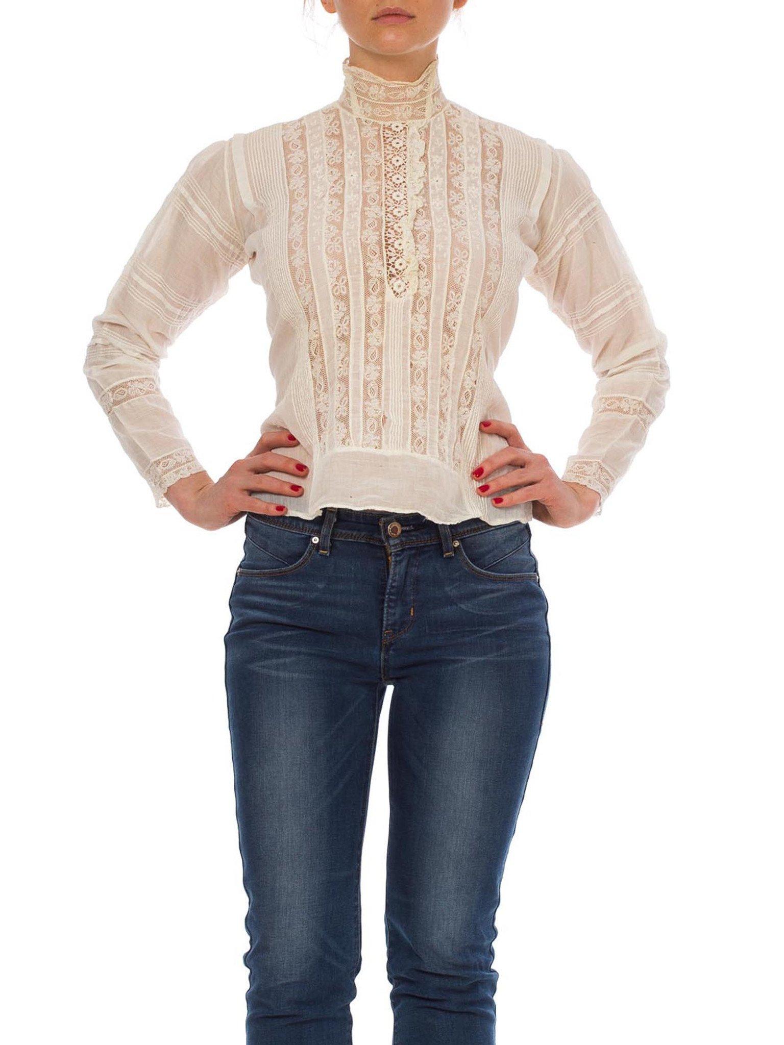 Victorian Cream Cotton & Lace High Swan Neck Blouse With Trim Sleeves Hand-Made Buttons